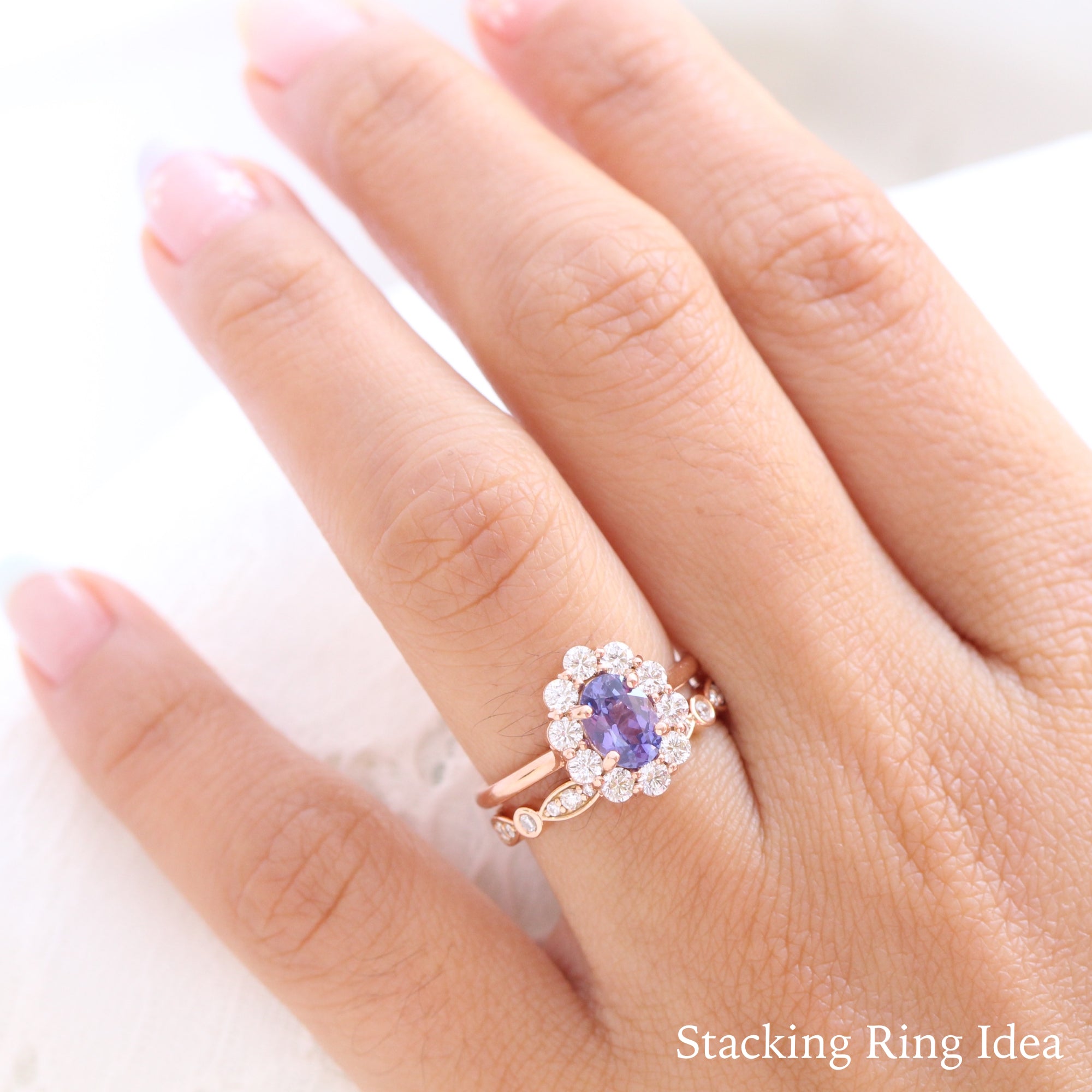 Large diamond purple sapphire ring rose gold halo cluster engagement ring la more design jewelry