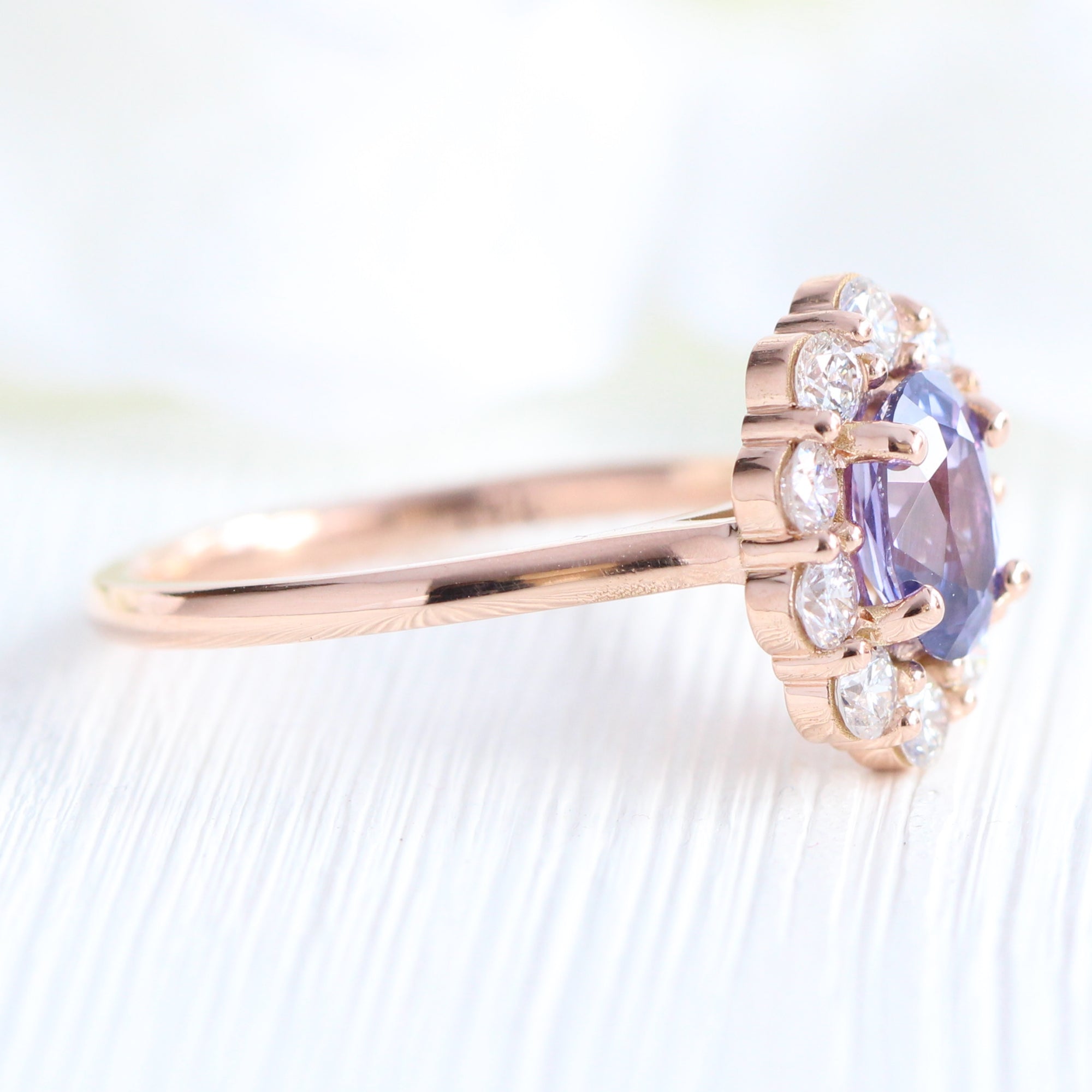 Large diamond purple sapphire ring rose gold halo cluster engagement ring la more design jewelry