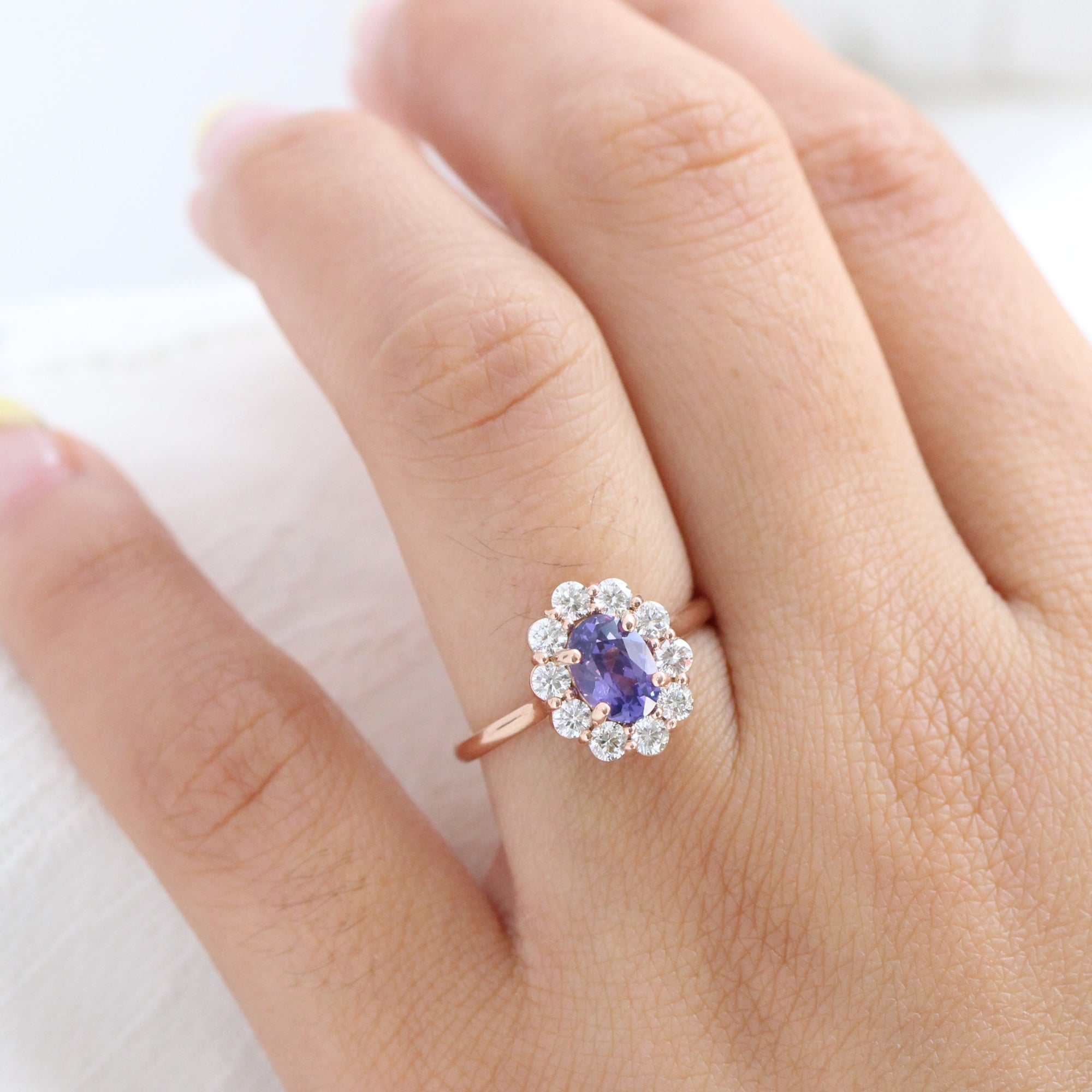 Large diamond purple sapphire ring rose gold halo cluster engagement ring la more design jewelry