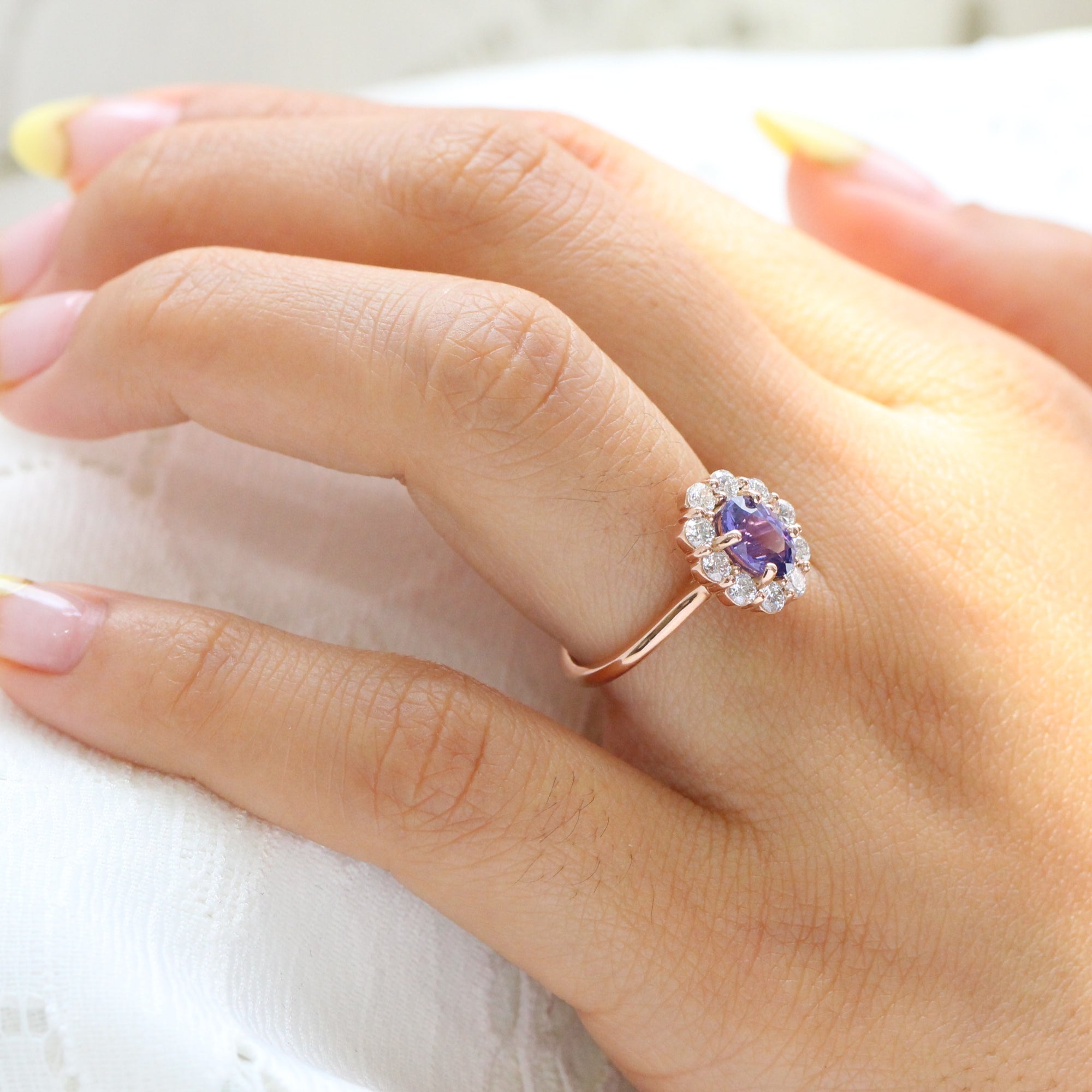 Large diamond purple sapphire ring rose gold halo cluster engagement ring la more design jewelry