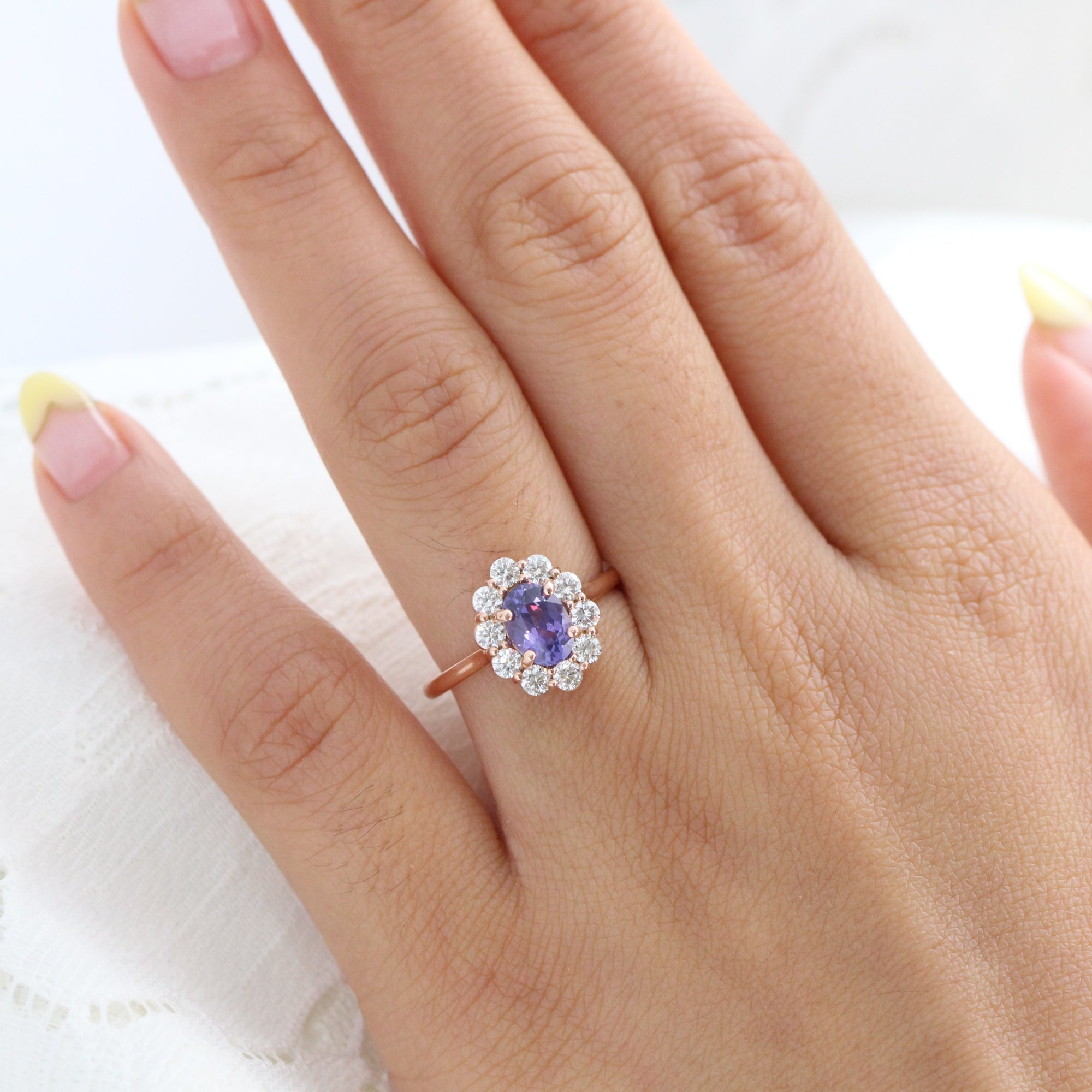 Large diamond purple sapphire ring rose gold halo cluster engagement ring la more design jewelry