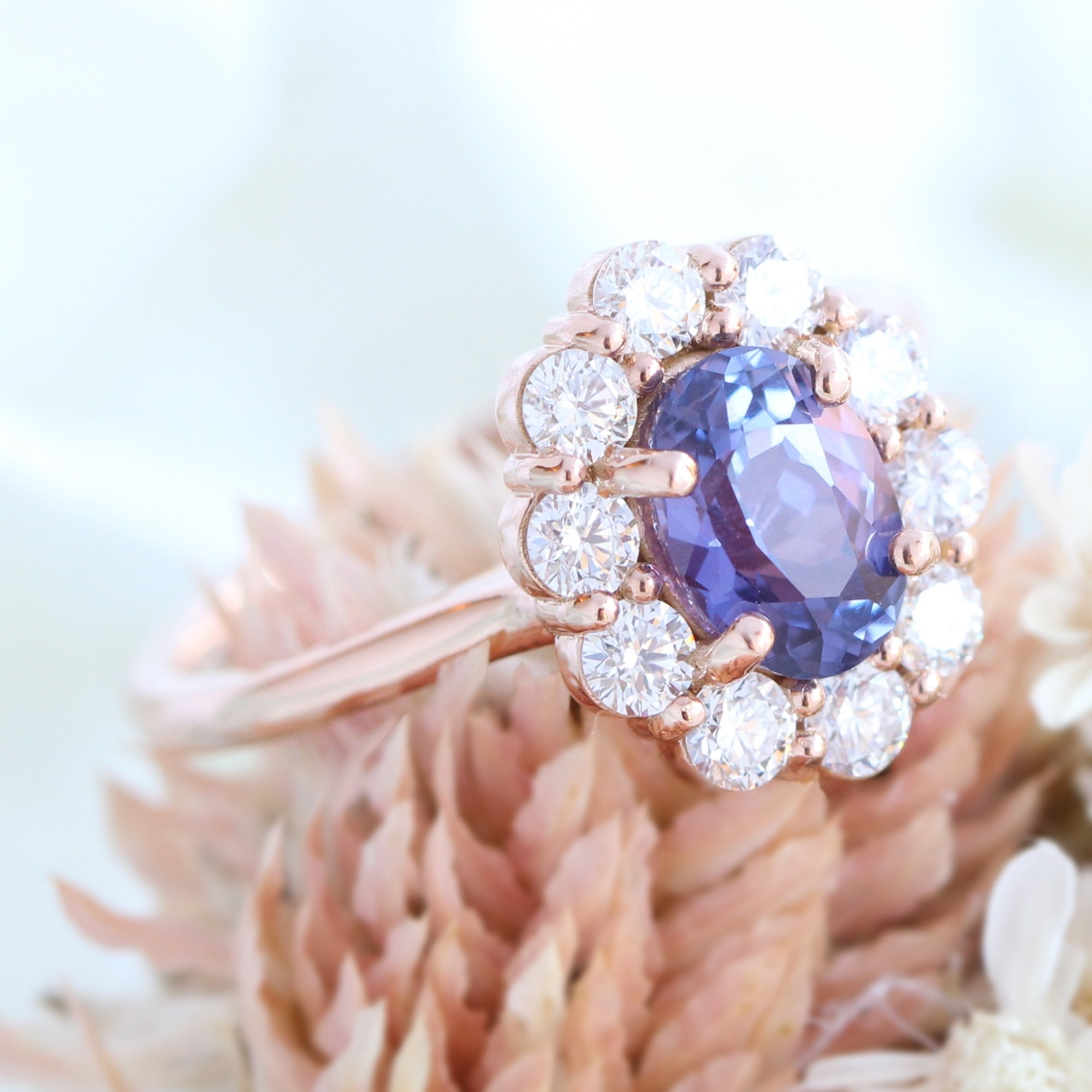Large diamond purple sapphire ring rose gold halo cluster engagement ring la more design jewelry
