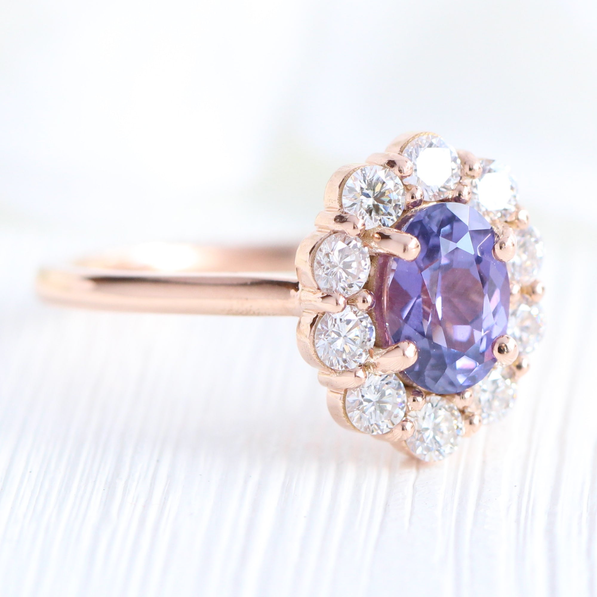 Large diamond purple sapphire ring rose gold halo cluster engagement ring la more design jewelry