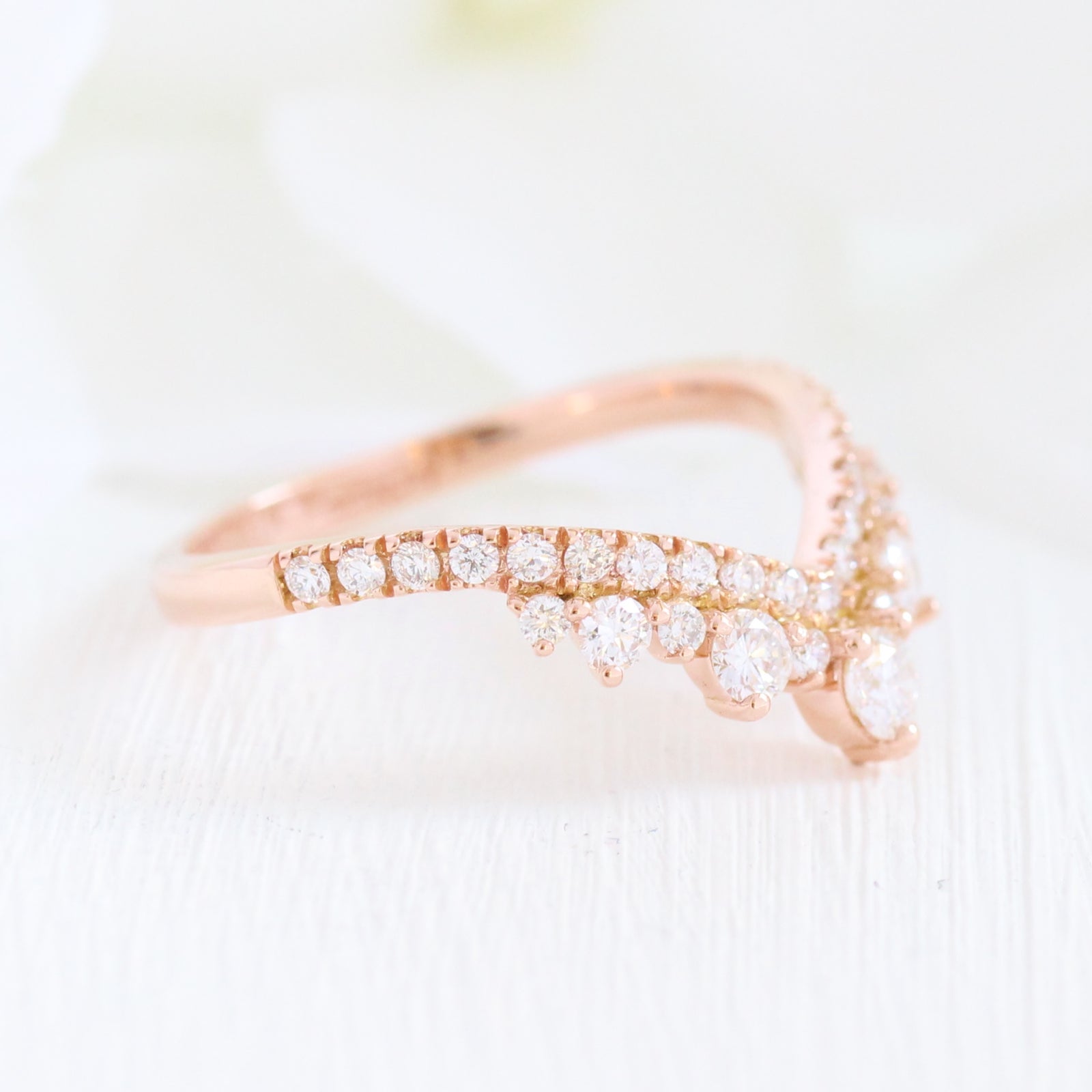 Large diamond wedding ring rose gold curved pave diamond band by la more design jewelry