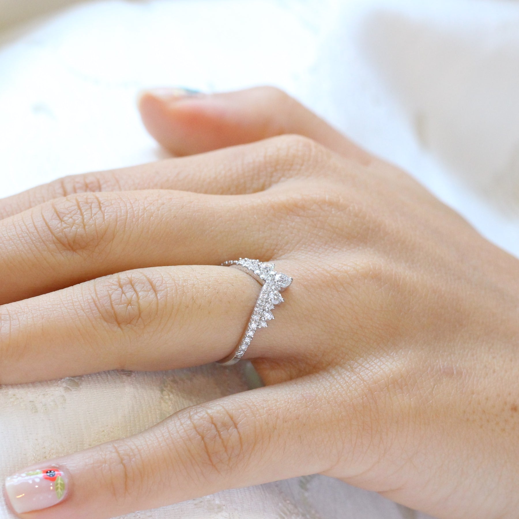 Large diamond wedding ring white gold curved pave diamond band by la more design jewelry