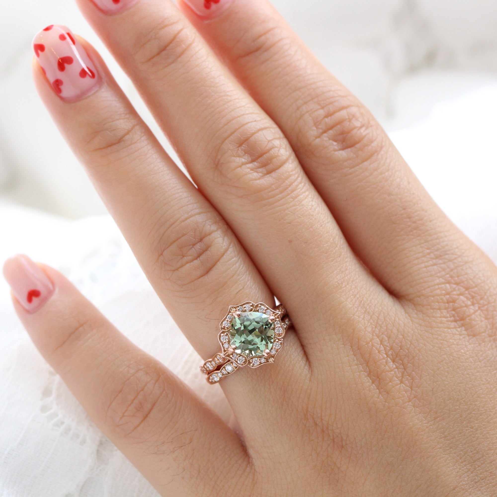 Large green sapphire ring rose gold matching diamond wedding band la more design jewelry