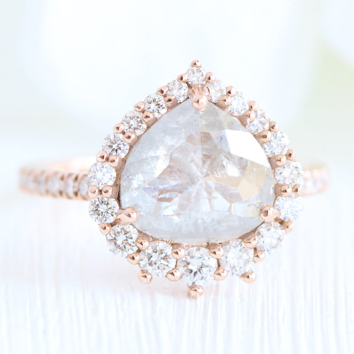 Large icy salt and pepper diamond ring rose gold halo diamond ring la more design jewelry