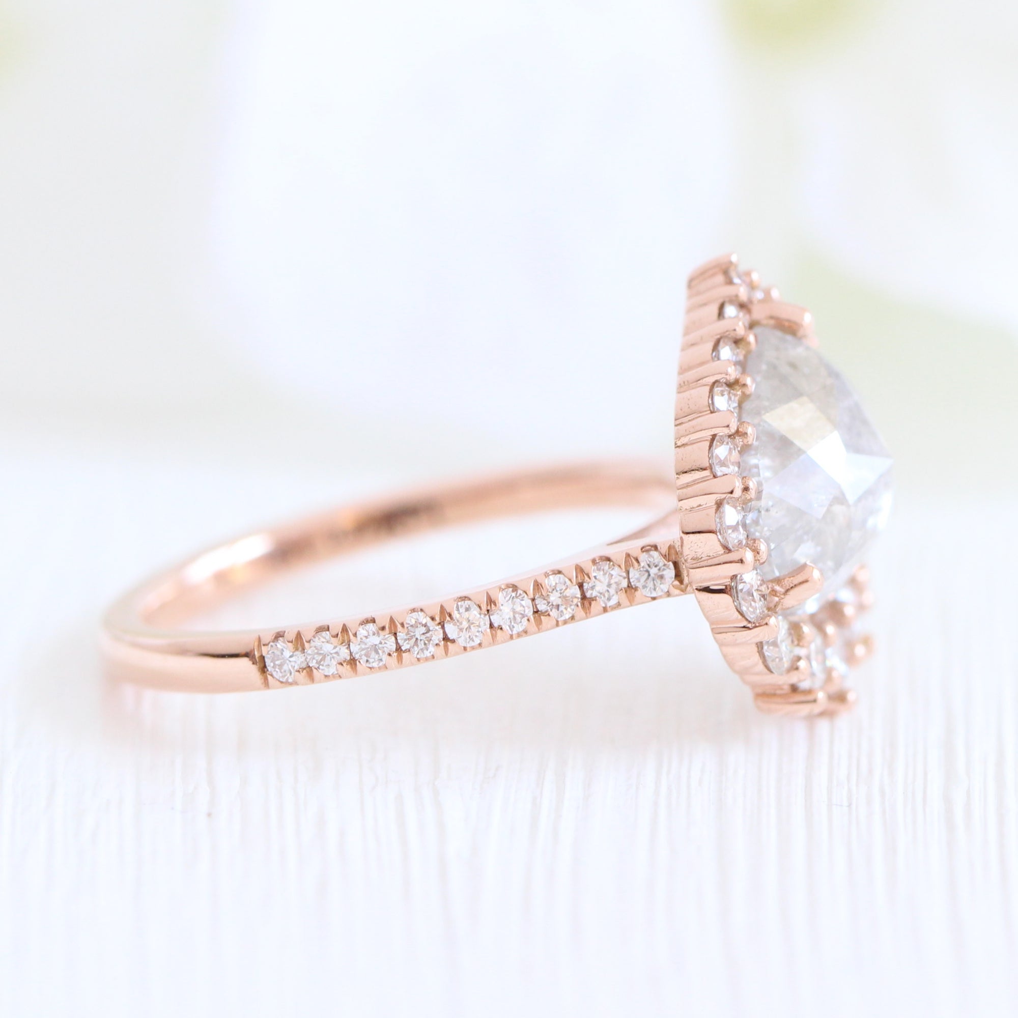 Large icy salt and pepper diamond ring rose gold halo diamond ring la more design jewelry
