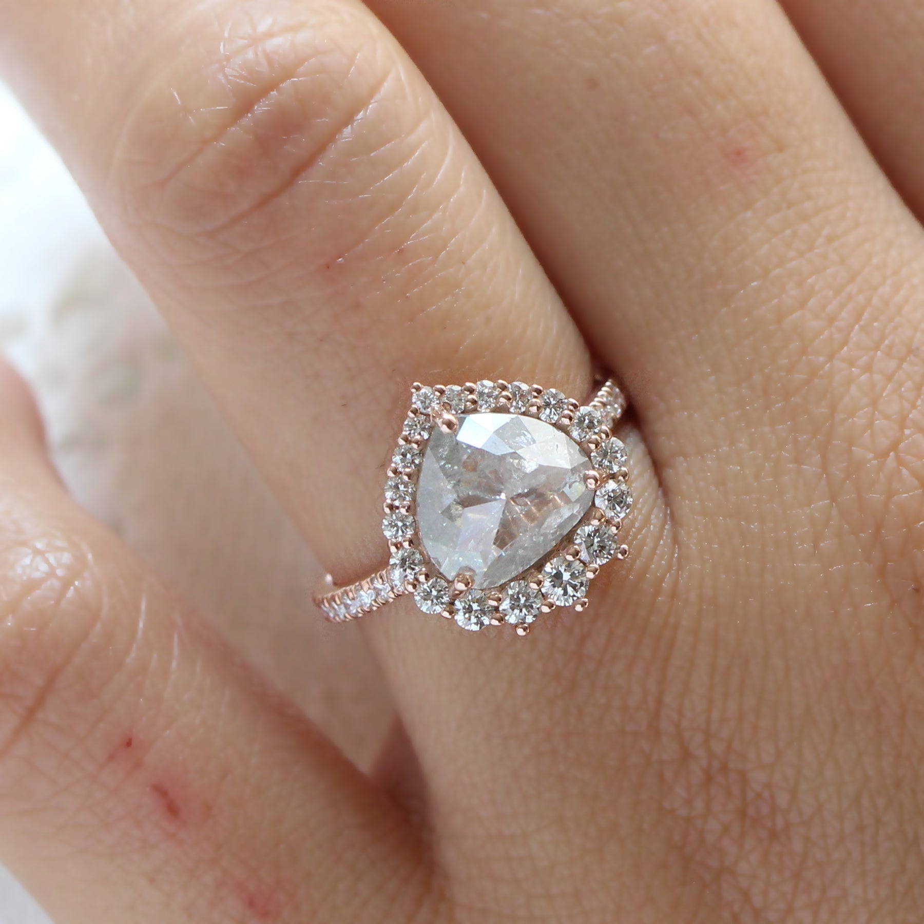Large icy salt and pepper diamond ring rose gold halo diamond ring la more design jewelry