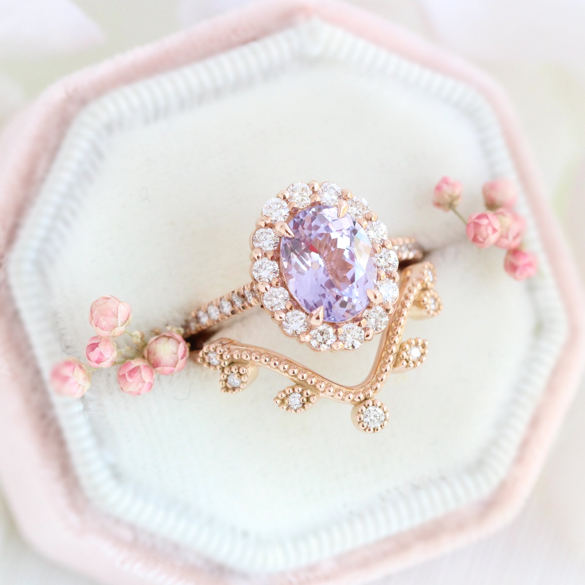 Large lavender purple sapphire engagement ring rose gold stacking ring bridal set la more design jewelry