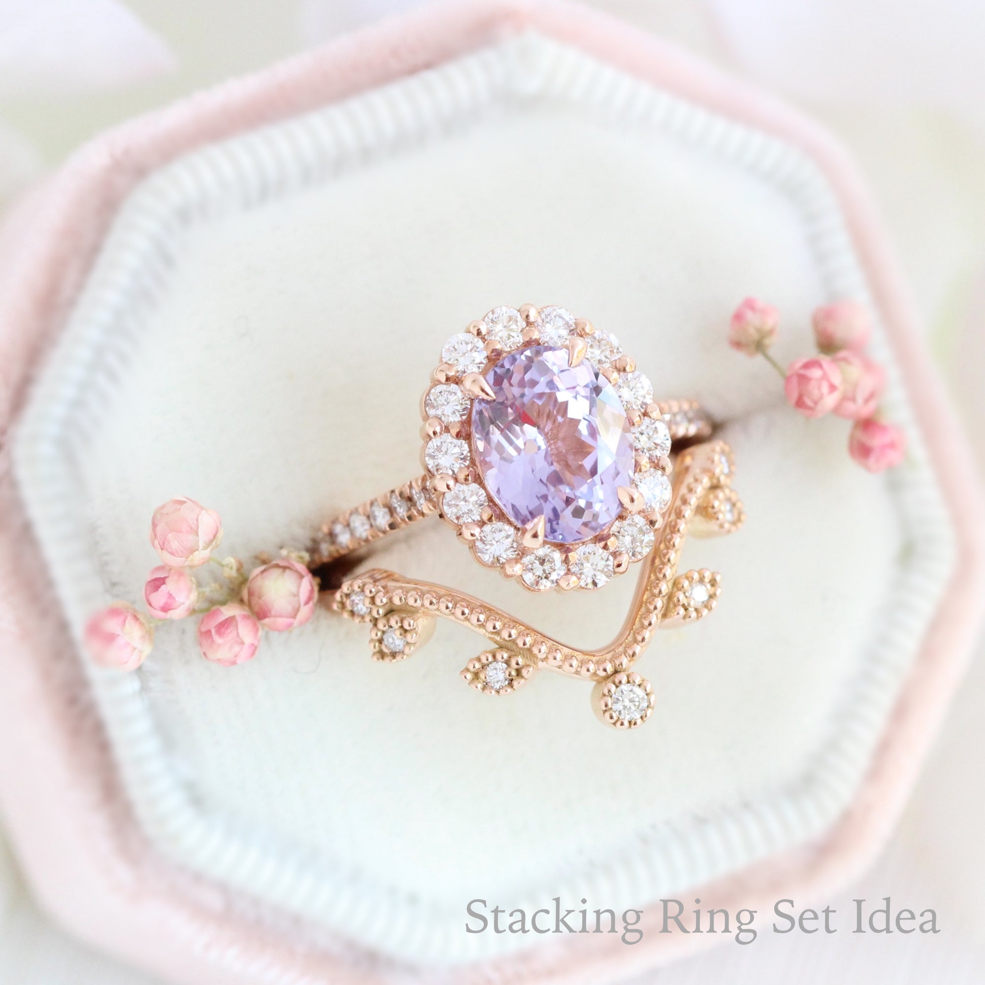 Large lavender purple sapphire engagement ring rose gold stacking ring bridal set la more design jewelry