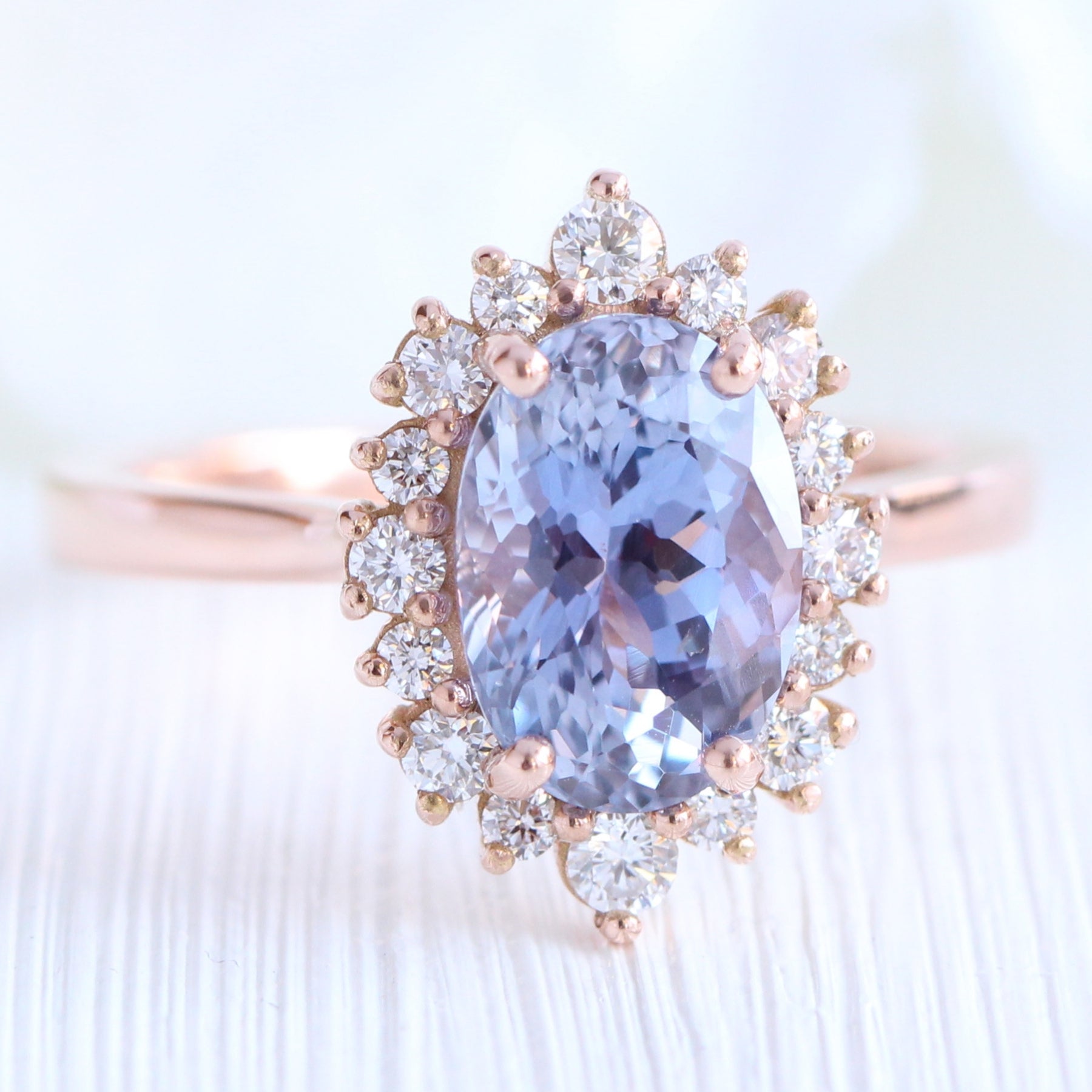 Large lavender purple sapphire ring rose gold halo diamond engagement ring la more design jewelry