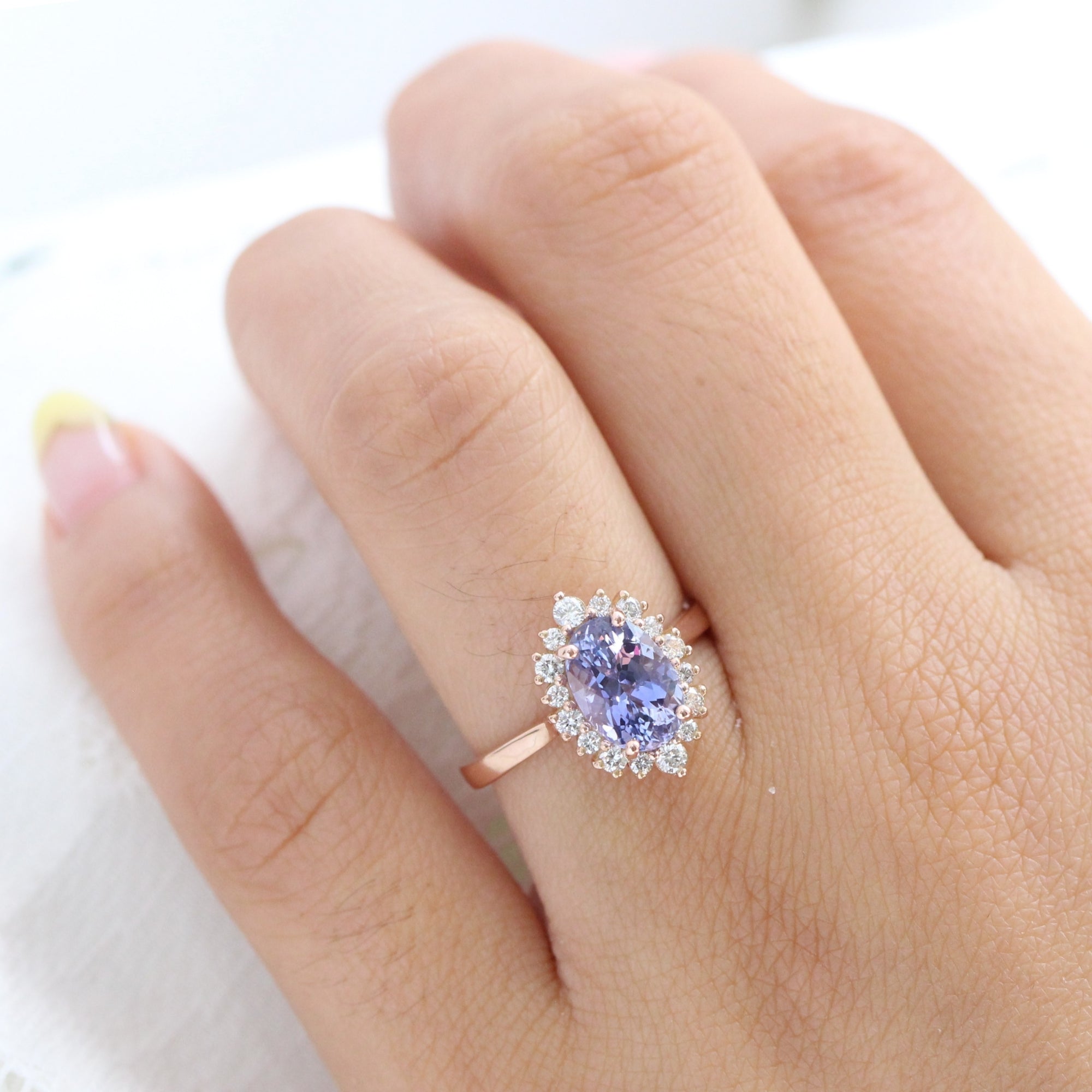 Large lavender purple sapphire ring rose gold halo diamond engagement ring la more design jewelry