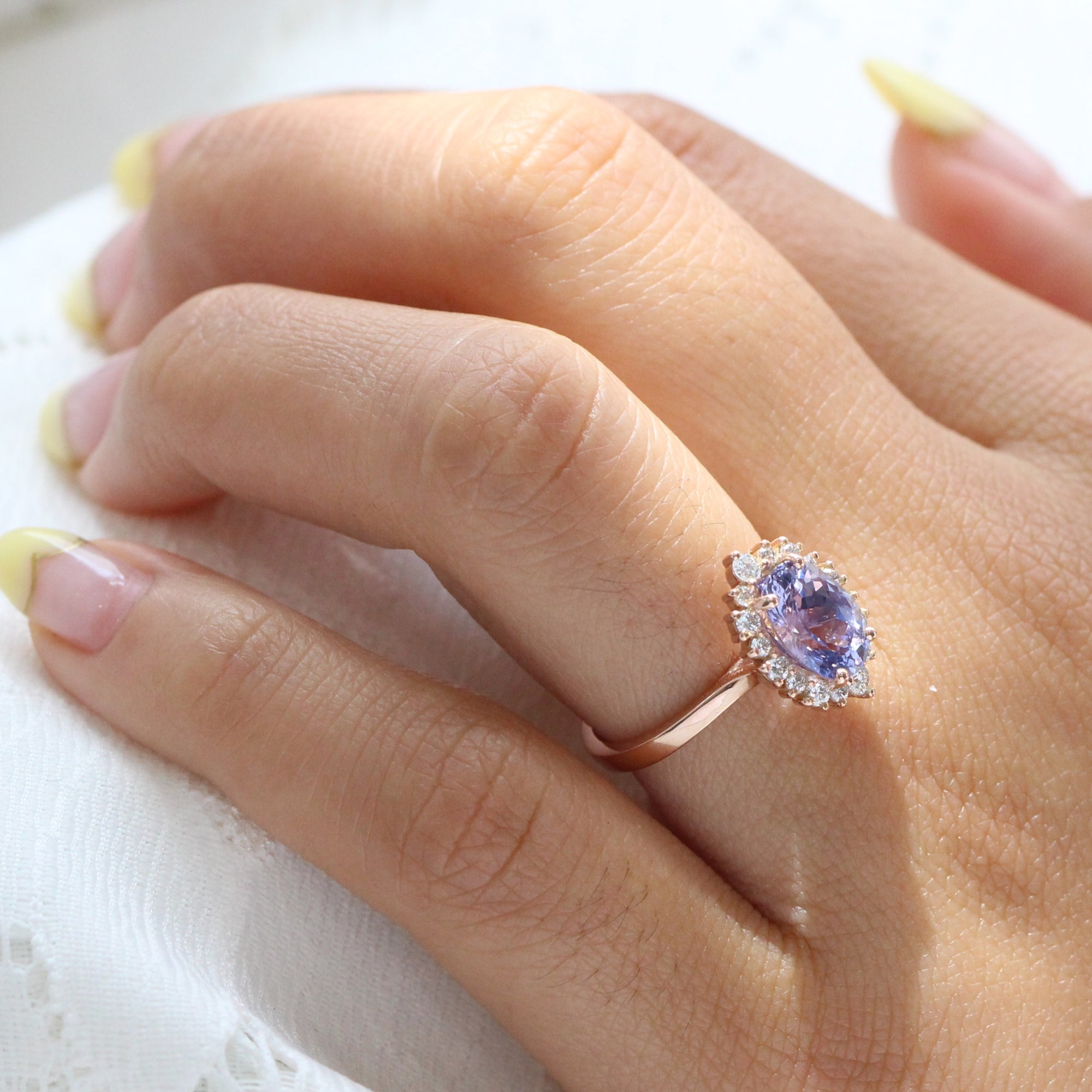 Large lavender purple sapphire ring rose gold halo diamond engagement ring la more design jewelry