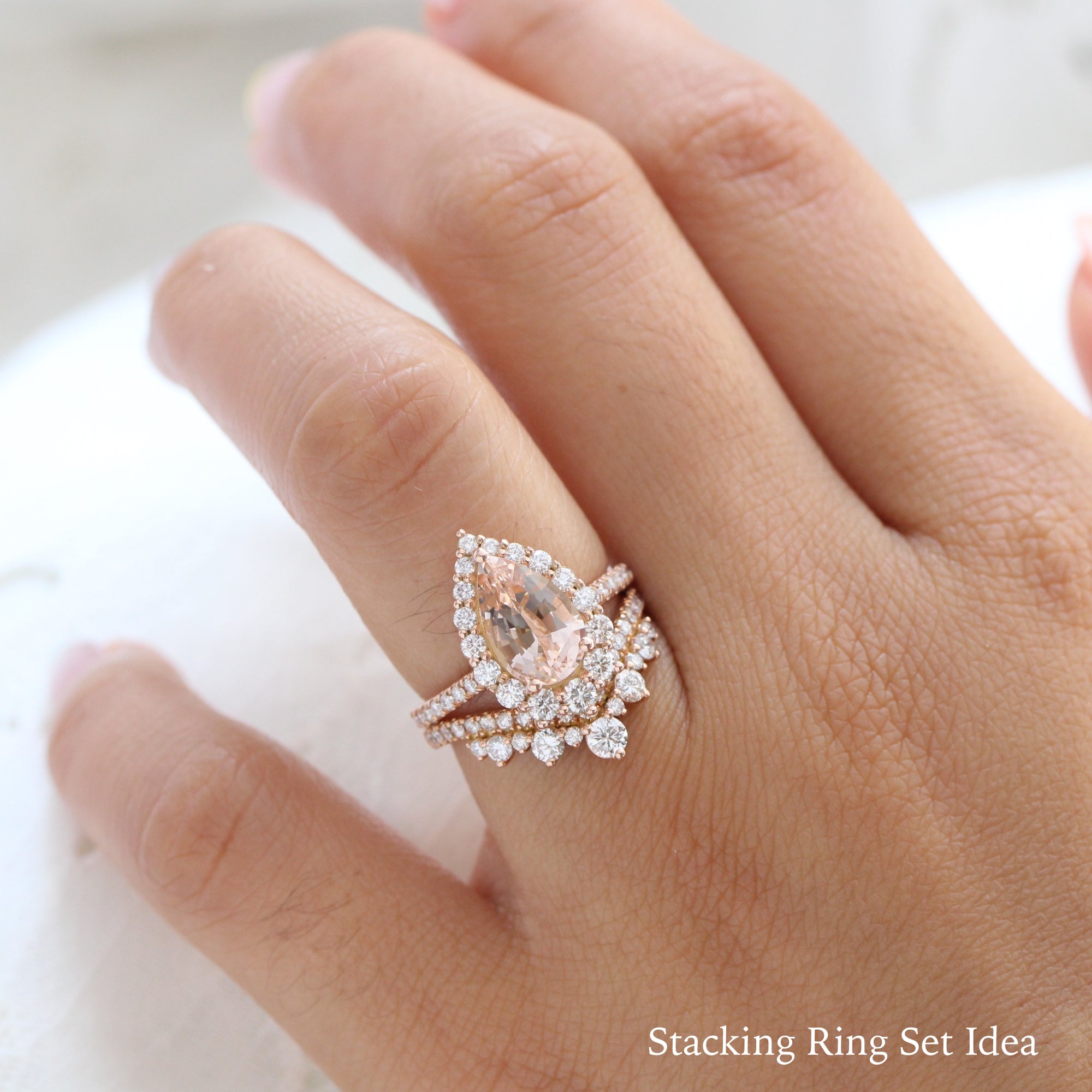 Large Morganite Pear Engagement Ring Rose Gold Halo Diamond