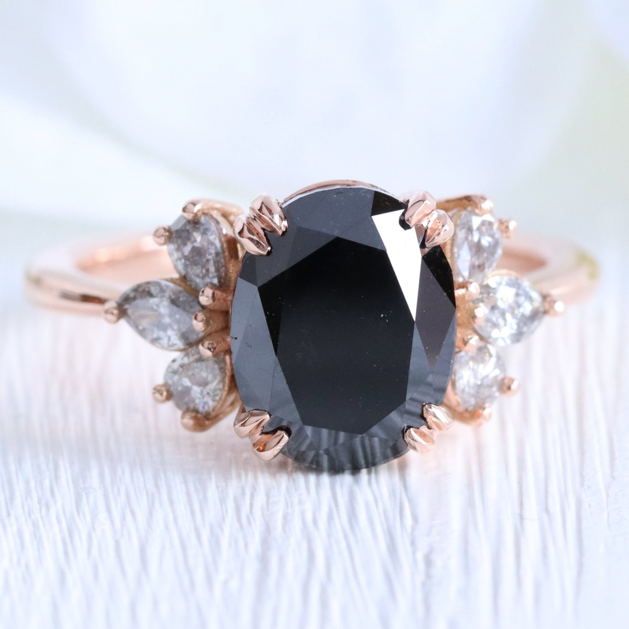 Large oval black diamond ring rose gold 3 stone salt and pepper diamond ring la more design jewelry