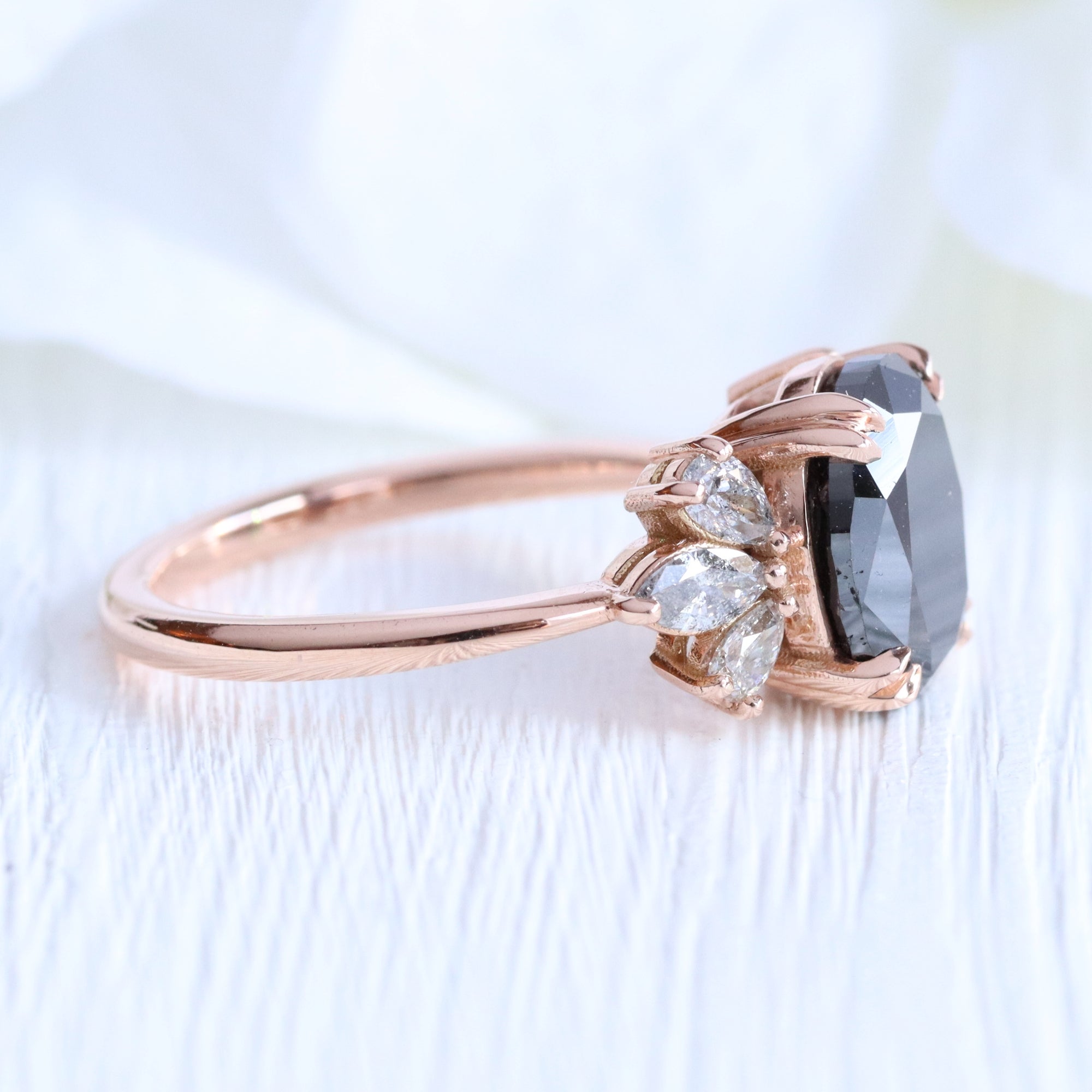 Large oval black diamond ring rose gold 3 stone salt and pepper diamond ring la more design jewelry