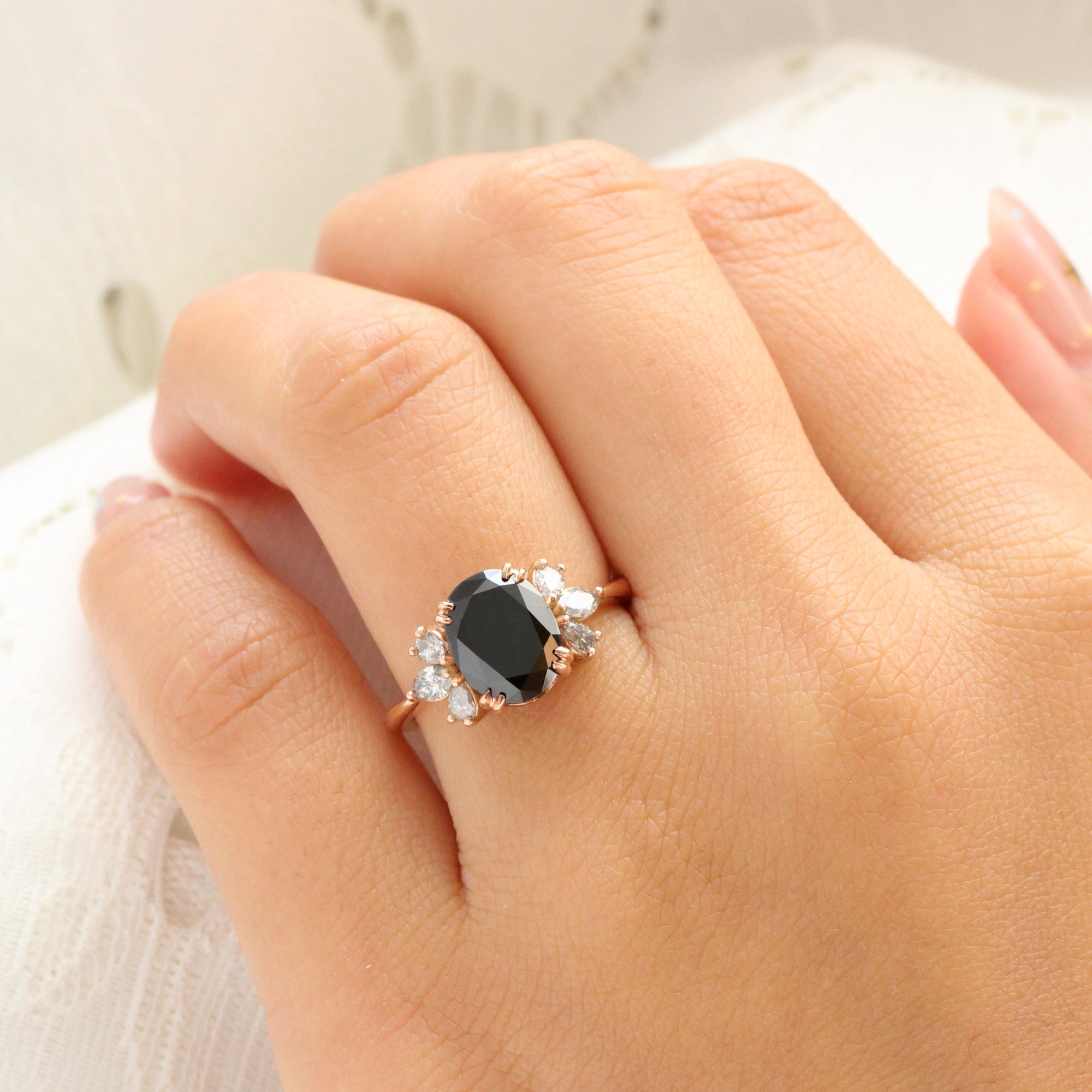 Large oval black diamond ring rose gold 3 stone salt and pepper diamond ring la more design jewelry