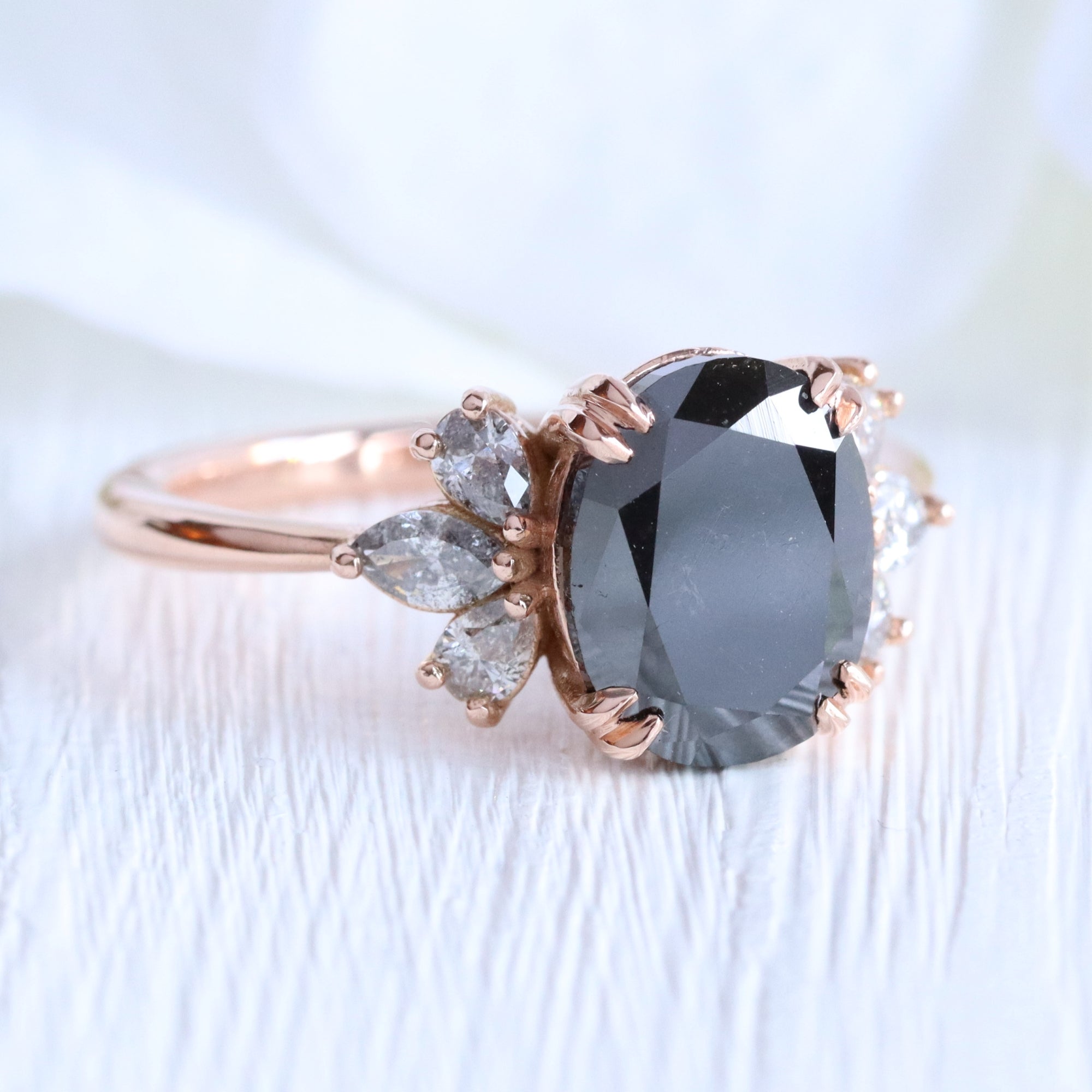 Large oval black diamond ring rose gold 3 stone salt and pepper diamond ring la more design jewelry