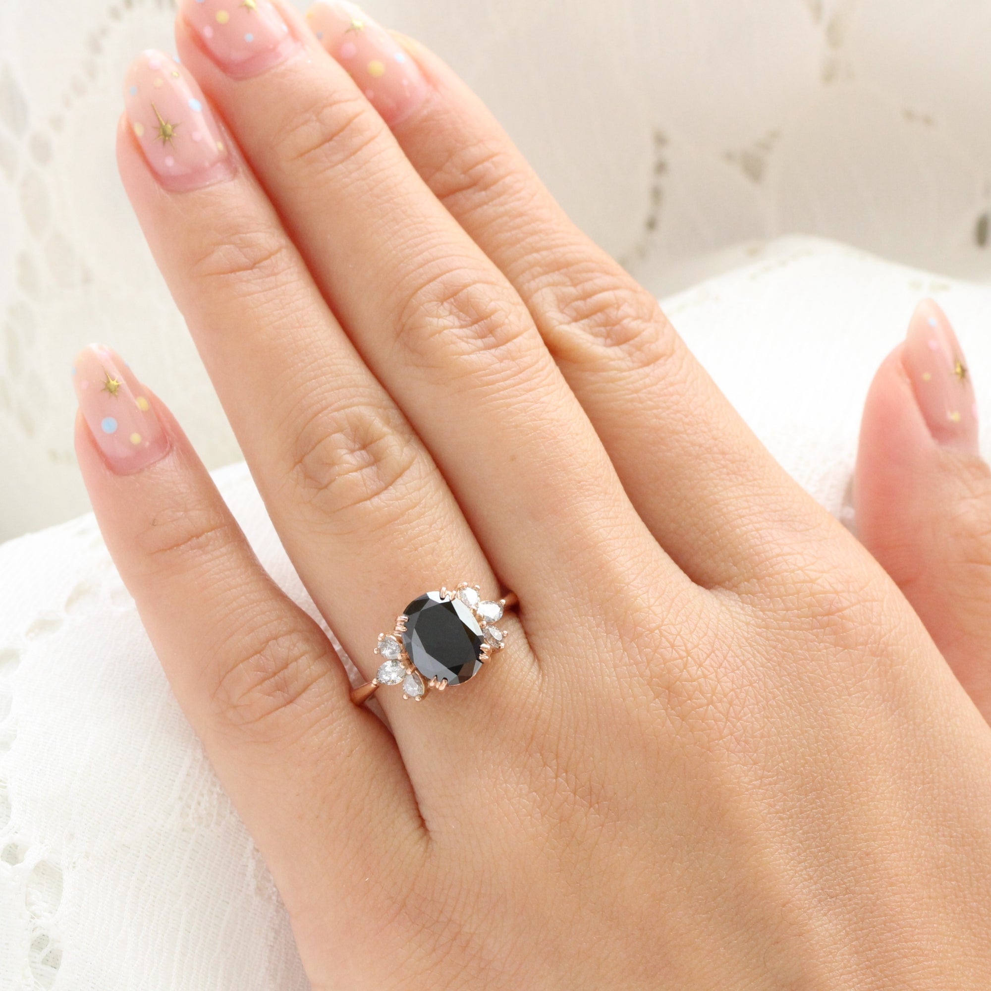 Large oval black diamond ring rose gold 3 stone salt and pepper diamond ring la more design jewelry