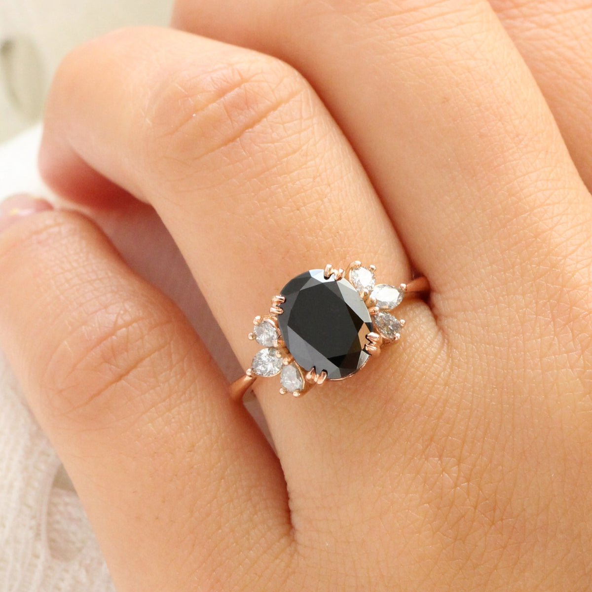 Large oval black diamond ring rose gold 3 stone salt and pepper diamond ring la more design jewelry