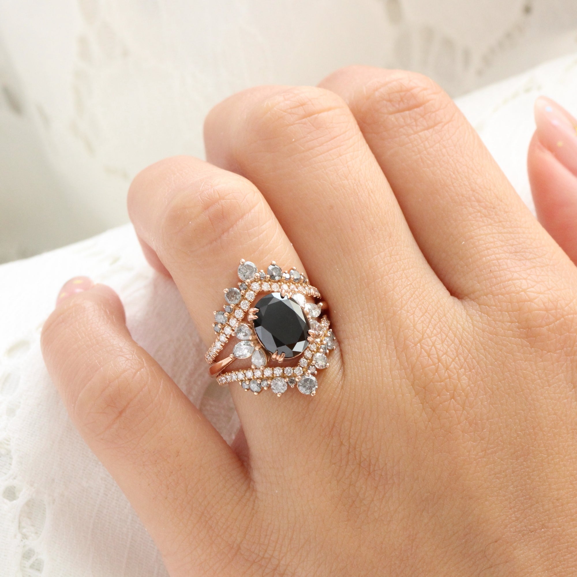 Large oval black diamond ring rose gold 3 stone salt and pepper diamond ring la more design jewelry