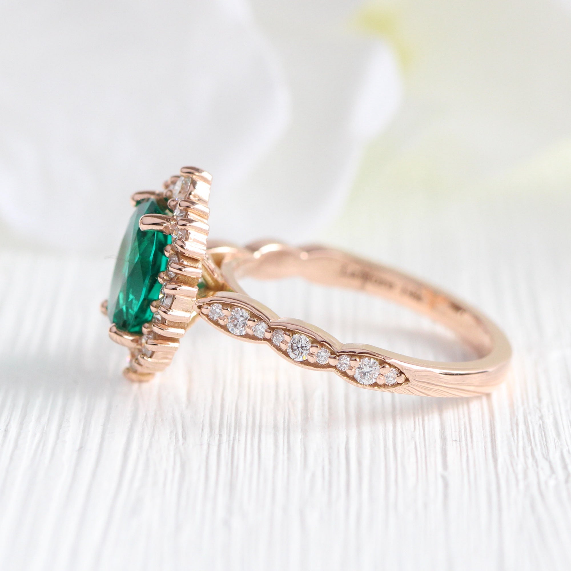 Large oval emerald ring rose gold halo diamond ring la more design jewelry