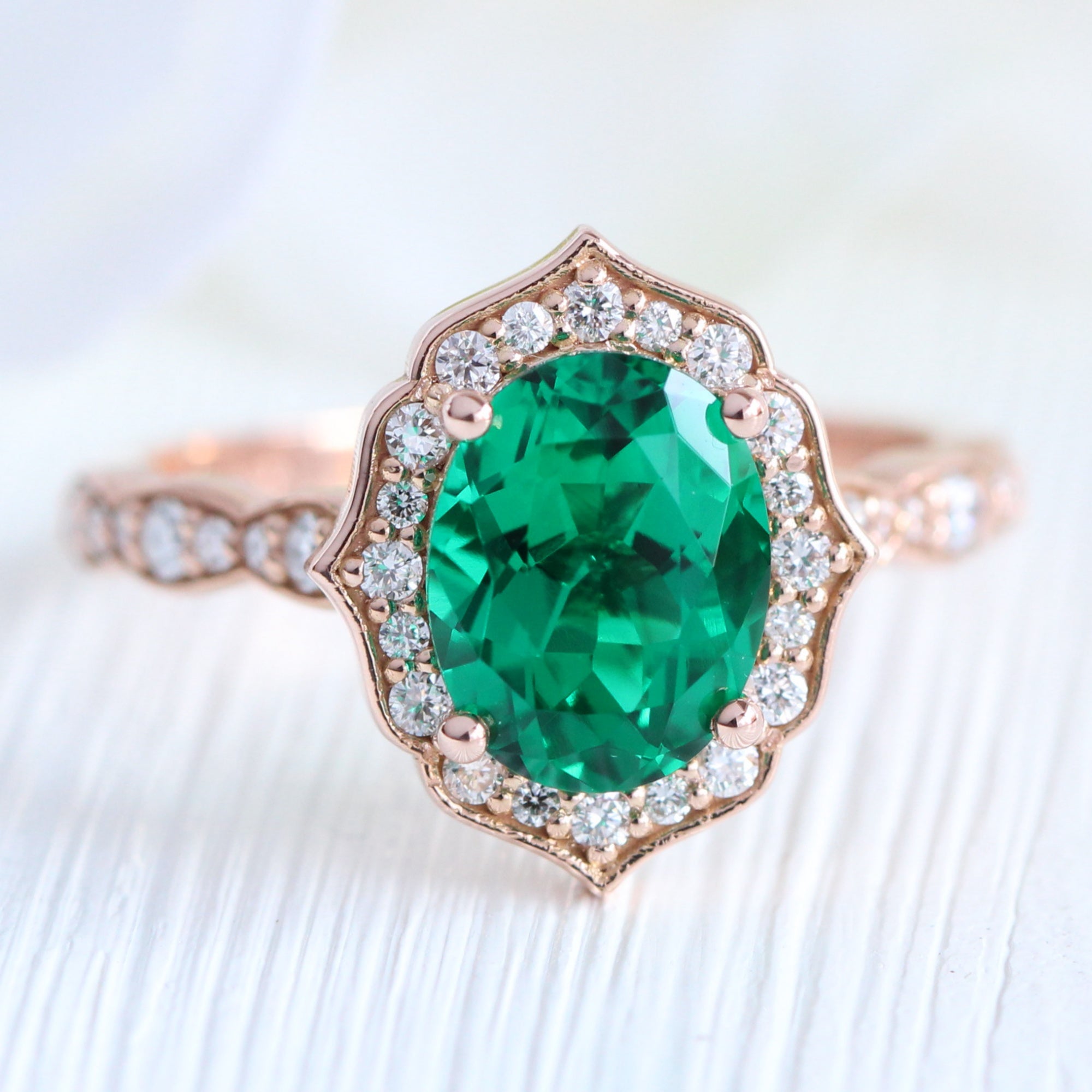 Vintage halo large emerald ring stack rose gold matching diamond wedding band la more design jewelry