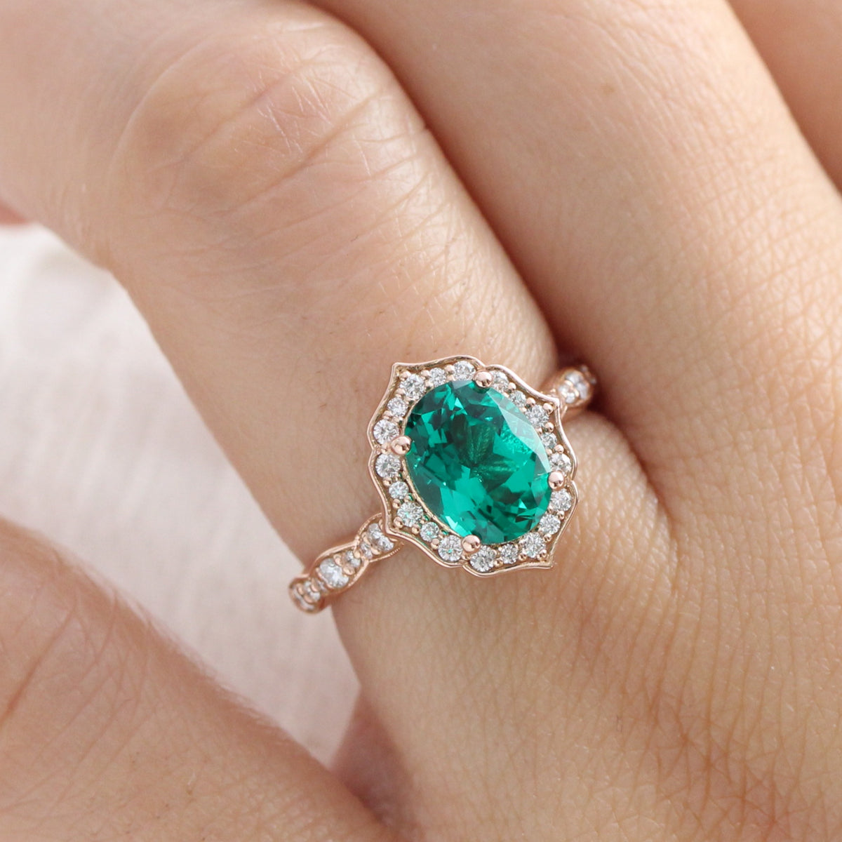 Large oval emerald ring rose gold vintage halo diamond ring la more design jewelry
