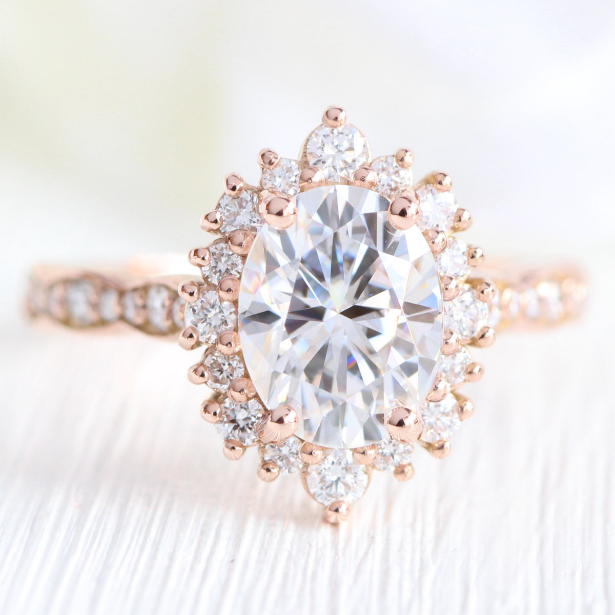 Large oval moissanite ring rose gold halo diamond ring la more design jewelry