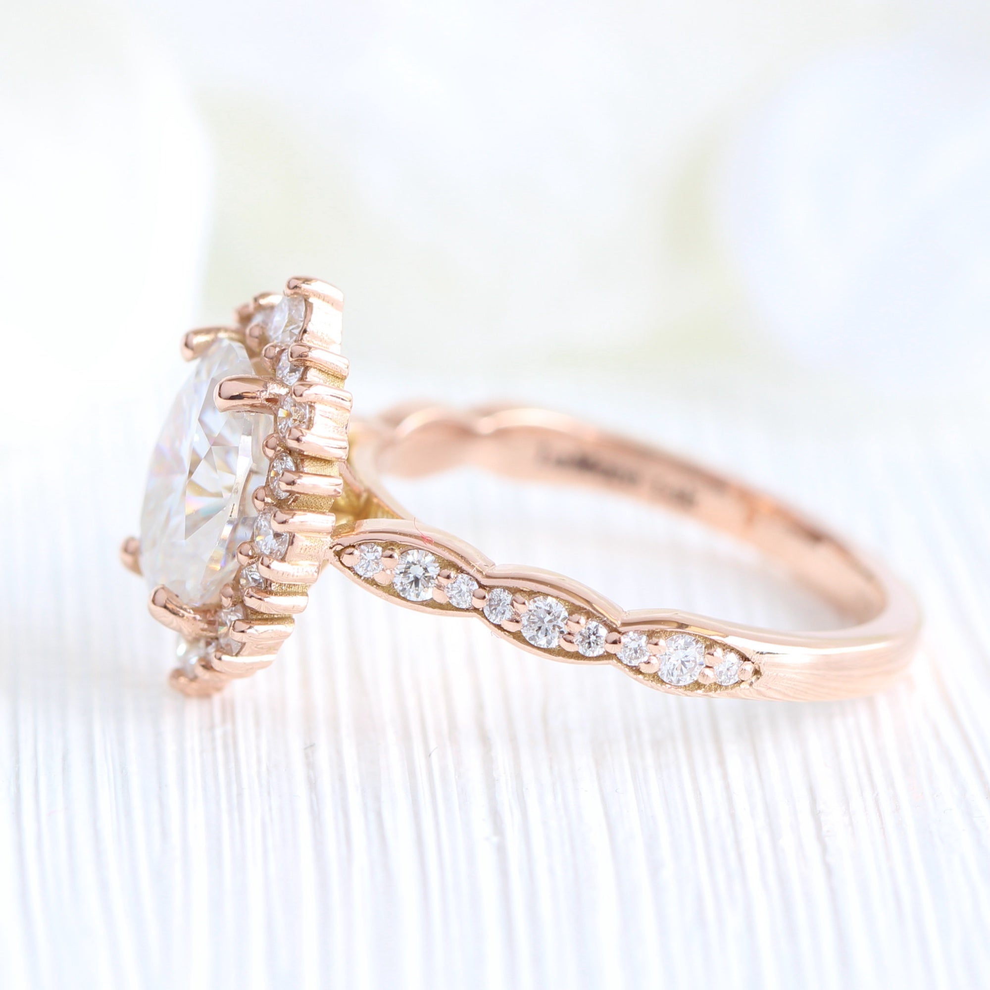 Large oval moissanite ring rose gold halo diamond ring la more design jewelry