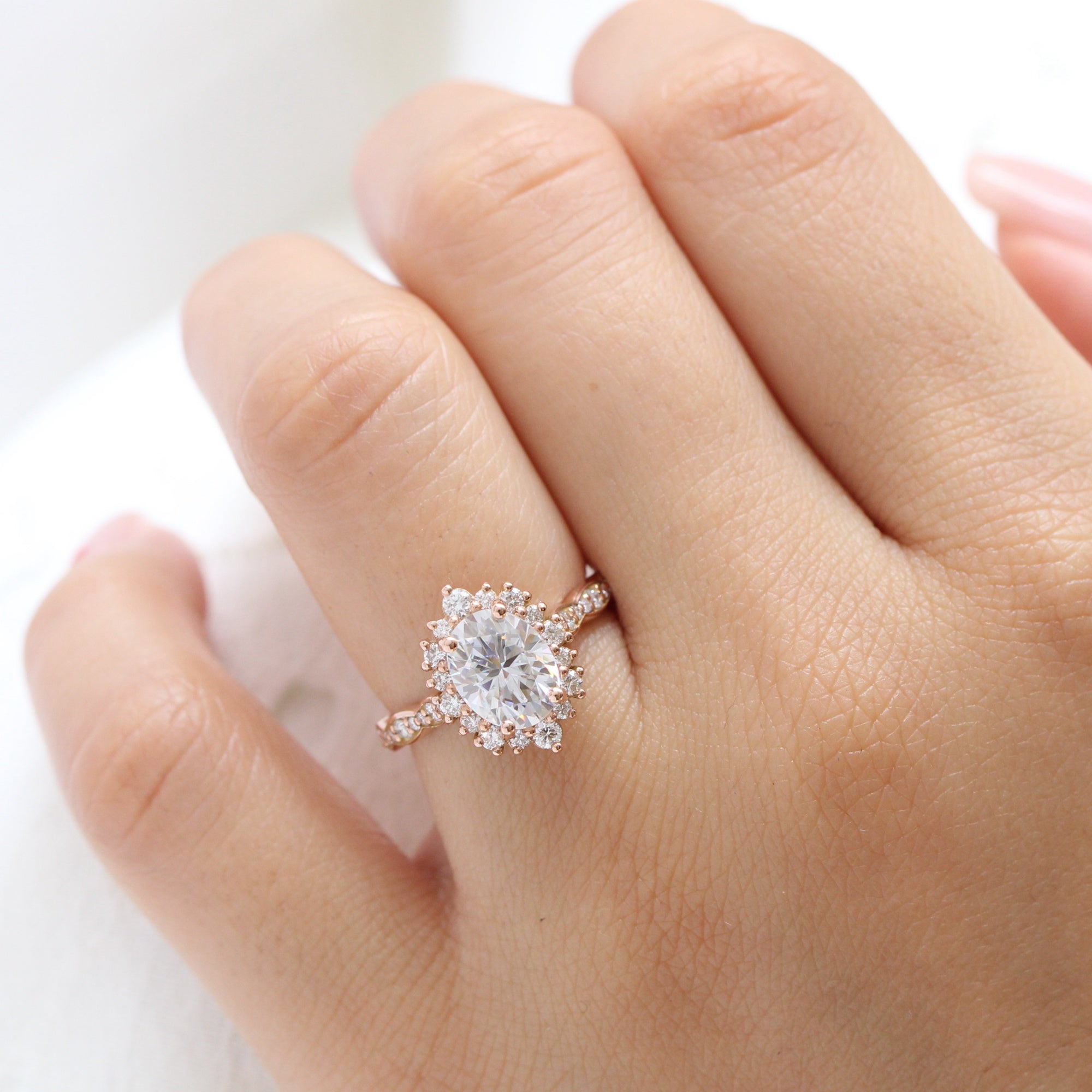 Large oval moissanite ring rose gold halo diamond ring la more design jewelry