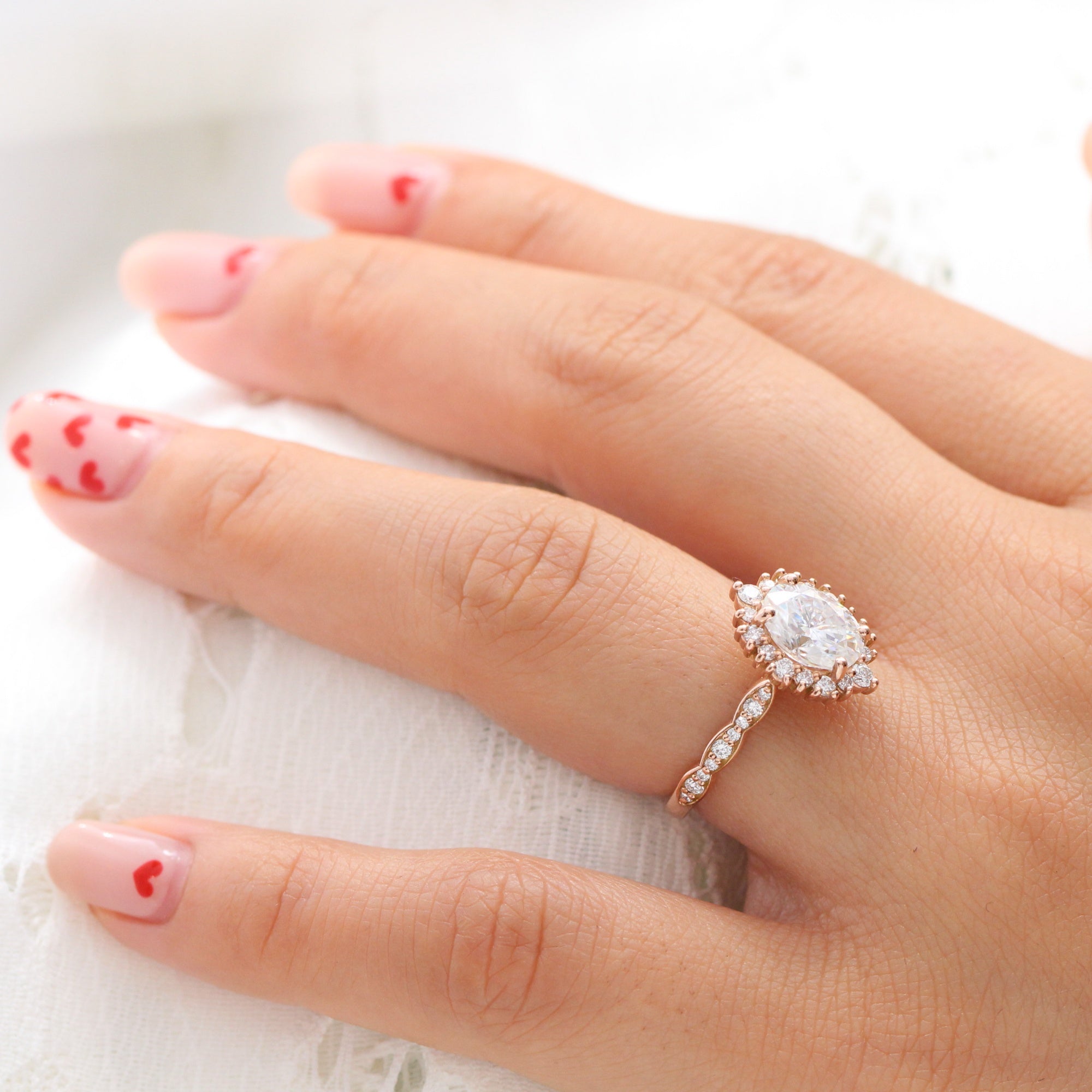 Large oval moissanite ring rose gold halo diamond ring la more design jewelry