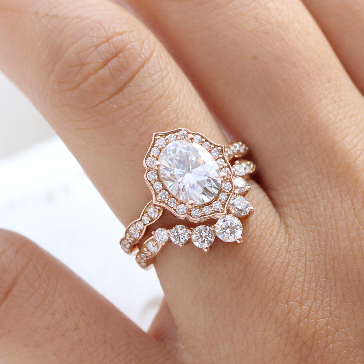 Large oval moissanite ring vintage halo ring and 7 diamond u wedding band la more design jewelry