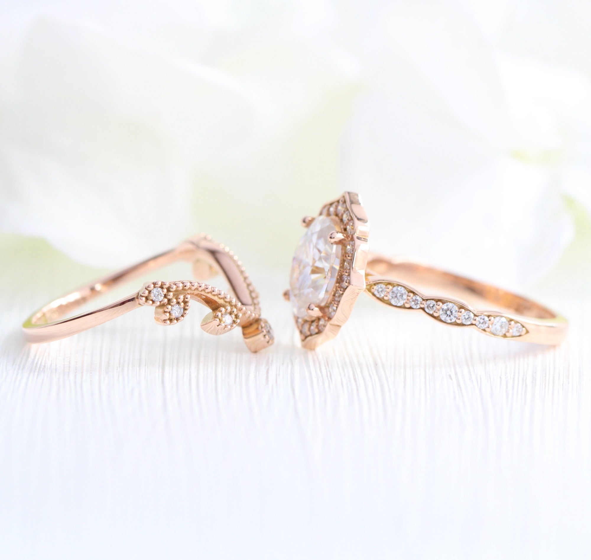 Large oval moissanite ring vintage halo ring and curved leaf diamond wedding band la more design jewelry