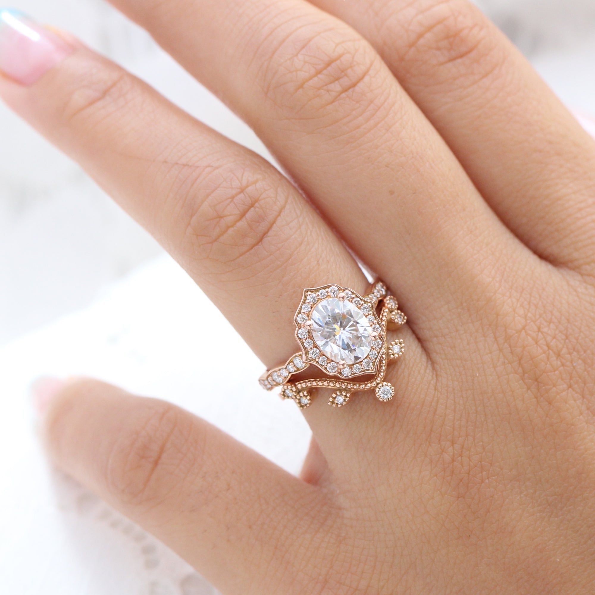 Large oval moissanite ring vintage halo ring and curved leaf diamond wedding band la more design jewelry