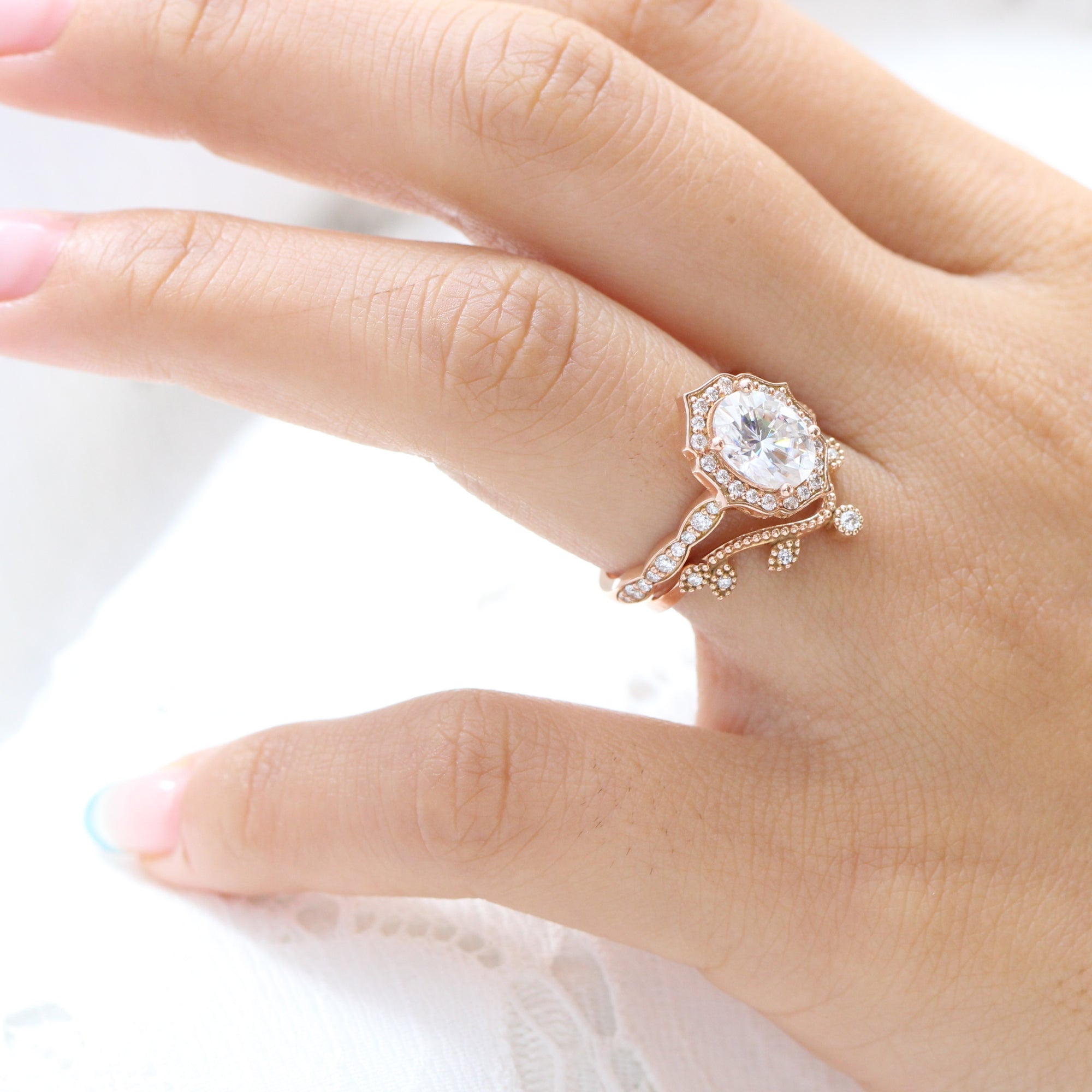 Large oval moissanite ring vintage halo ring and curved leaf diamond wedding band la more design jewelry