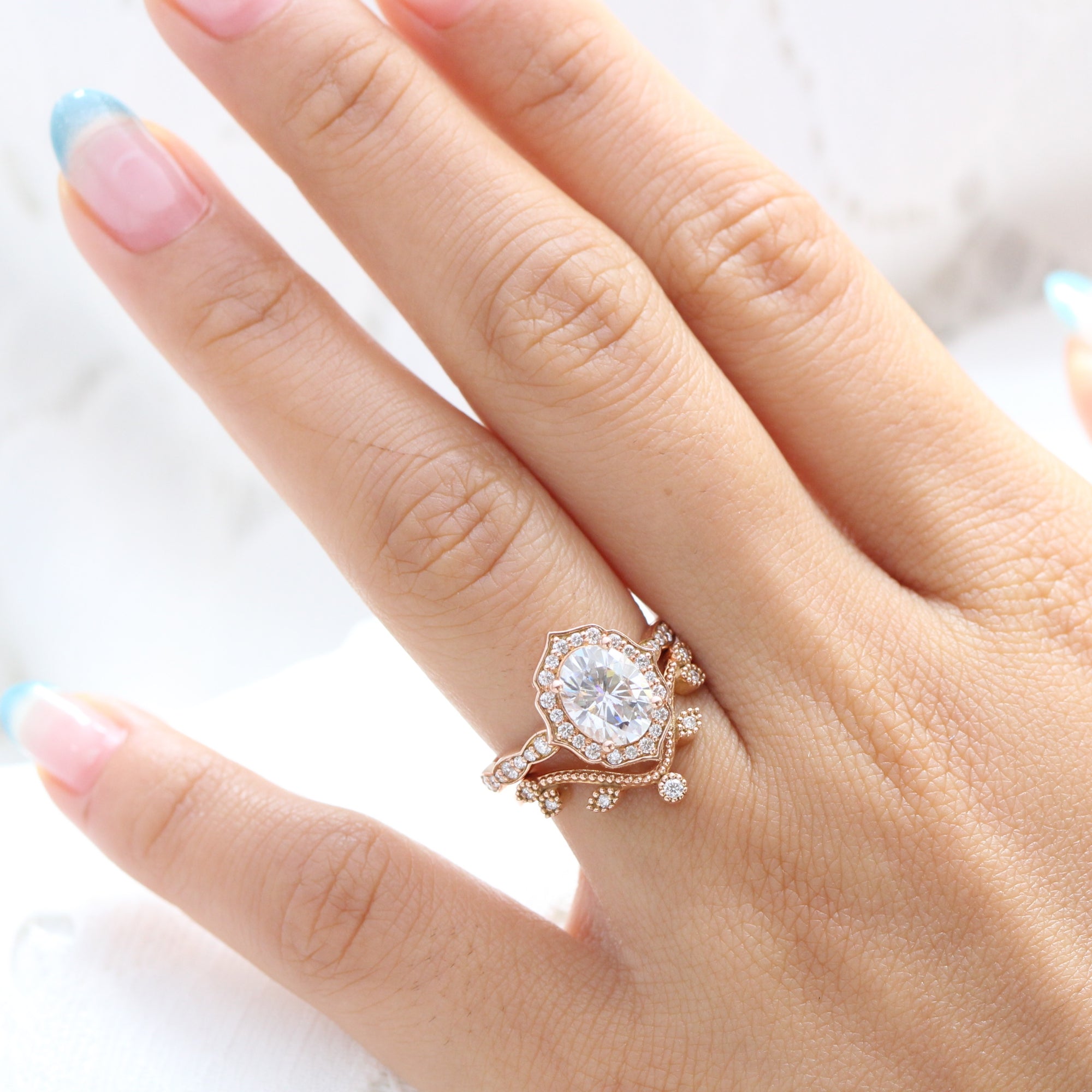 Large oval moissanite ring vintage halo ring and curved leaf diamond wedding band la more design jewelry