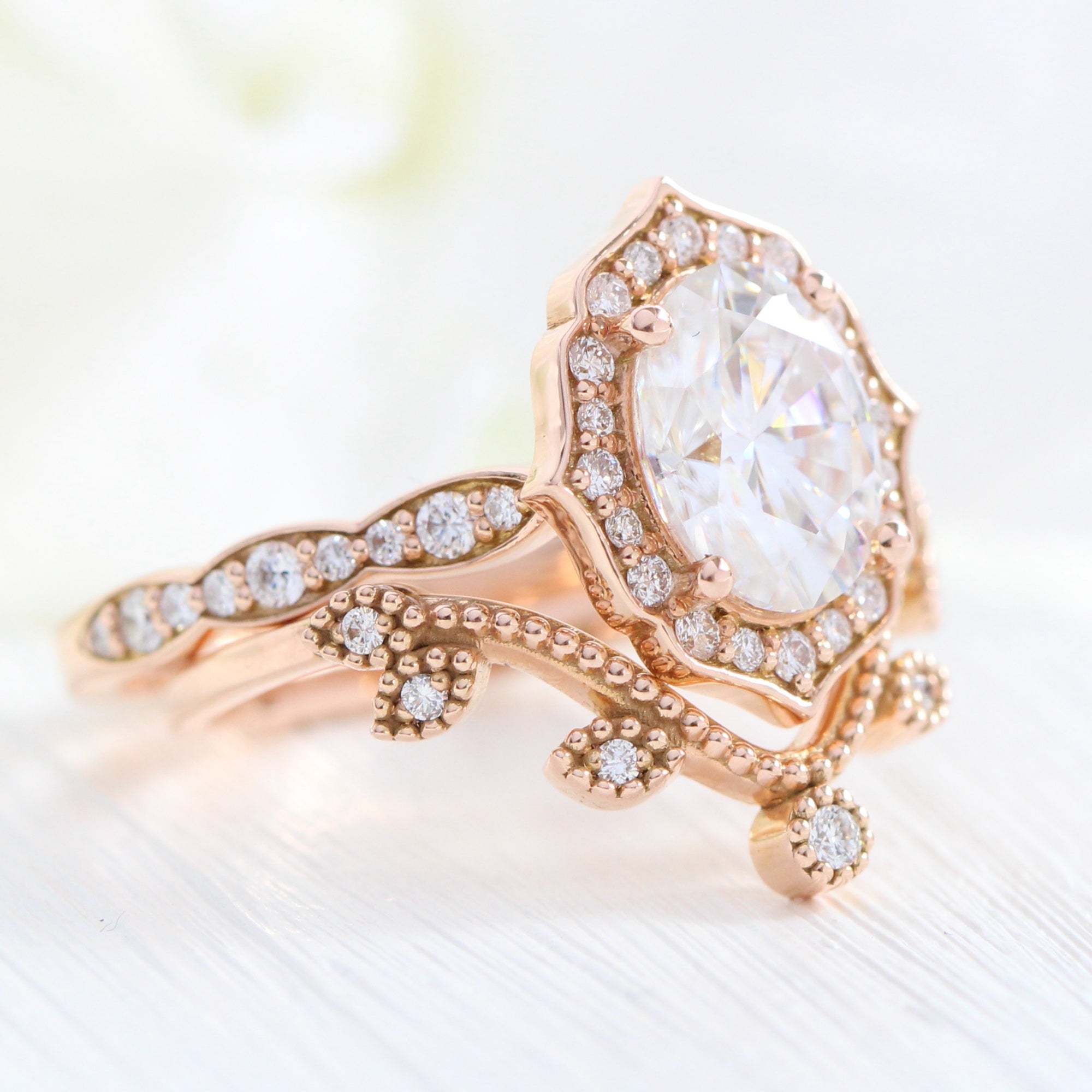 Large oval moissanite ring vintage halo ring and curved leaf diamond wedding band la more design jewelry