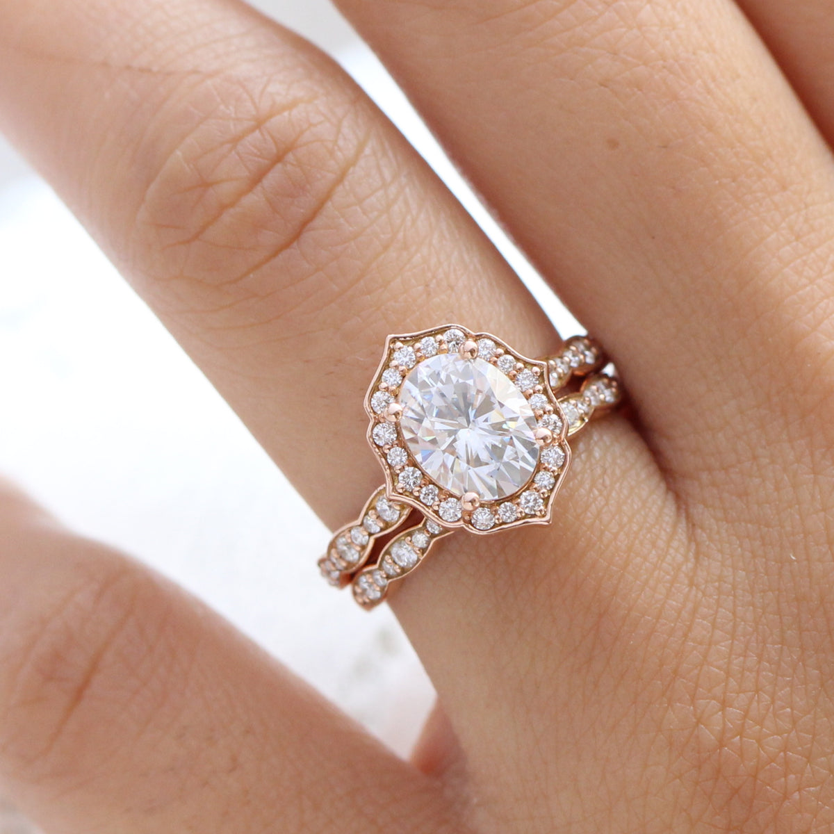 Large oval moissanite ring vintage halo ring and matching diamond wedding band la more design jewelry