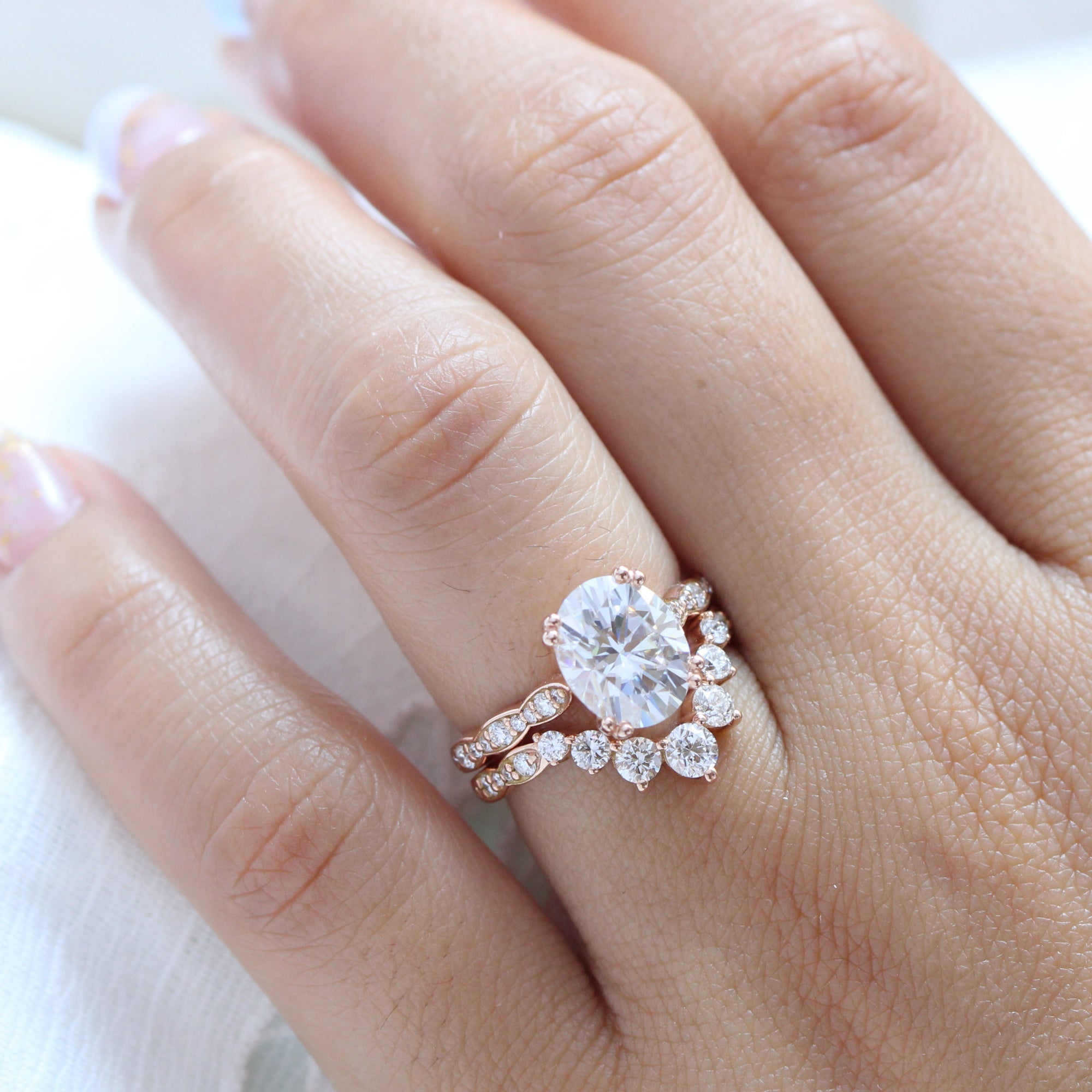 Large oval moissanite solitaire ring rose gold diamond wedding set stacking ring la more design jewelry