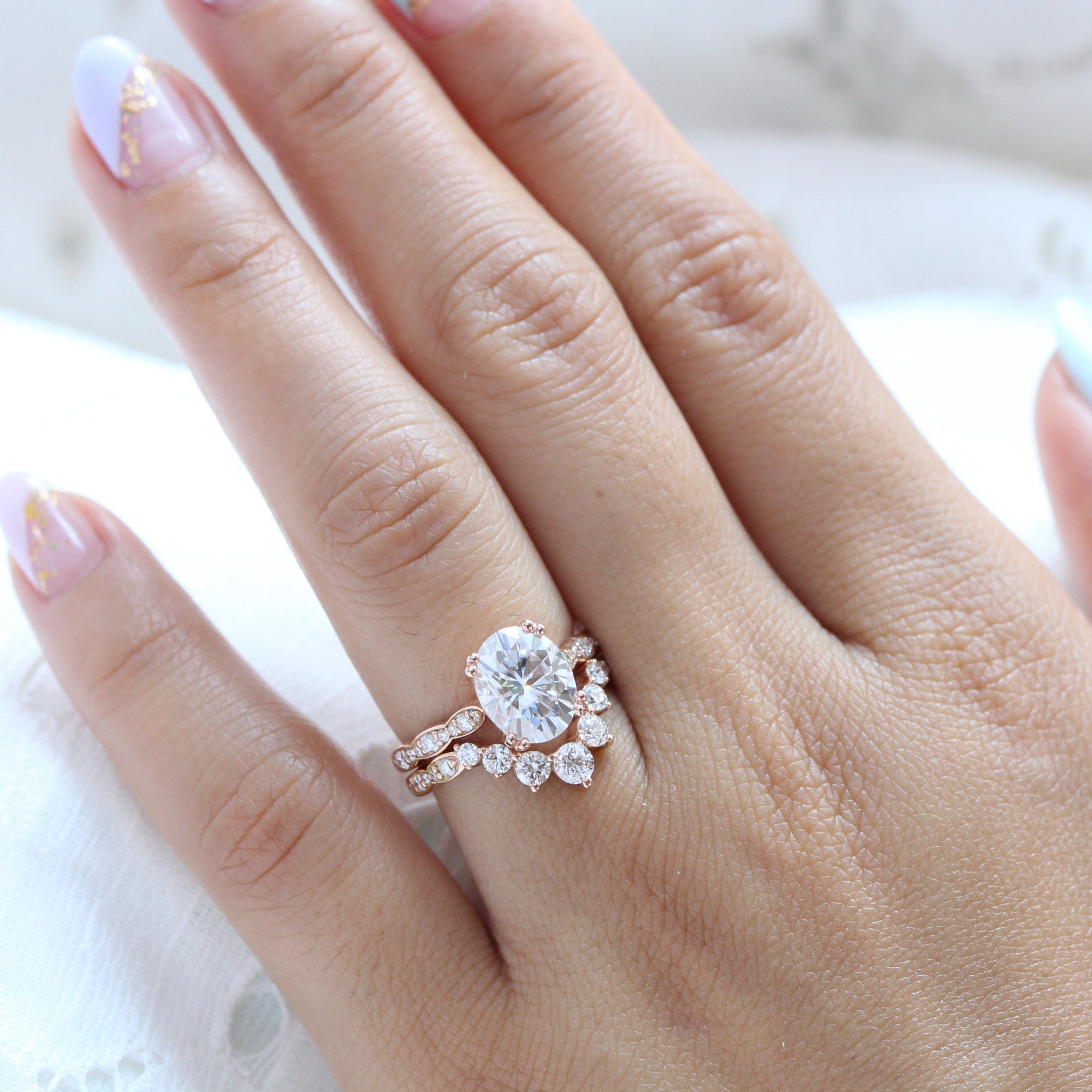 Large oval moissanite solitaire ring rose gold diamond wedding set stacking ring la more design jewelry