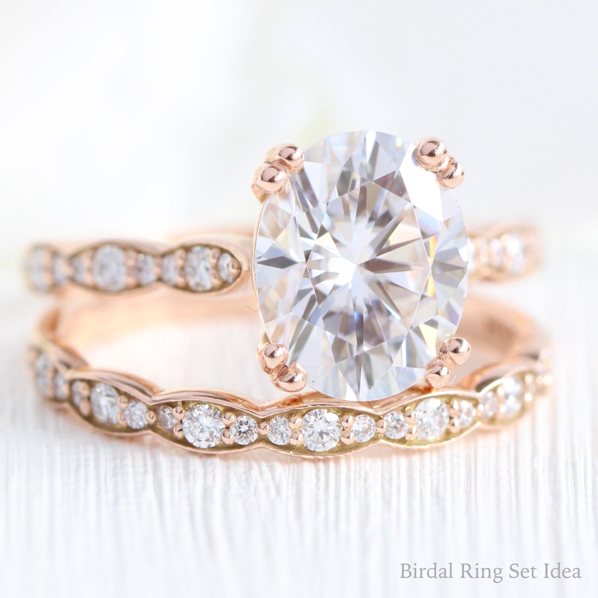 Large oval moissanite solitaire ring rose gold matching diamond wedding band set la more design jewelry