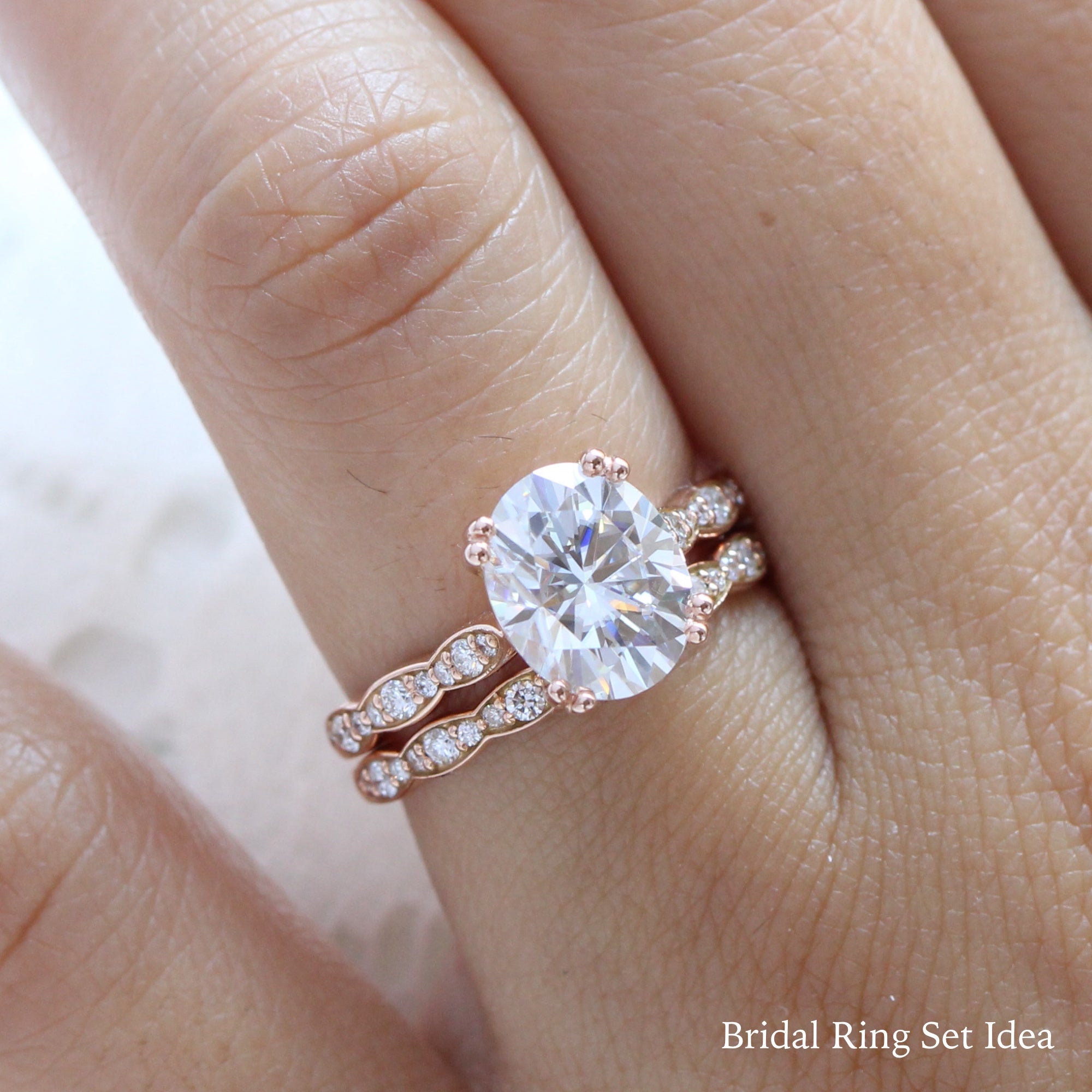 Large oval moissanite solitaire ring rose gold matching diamond wedding band set la more design jewelry