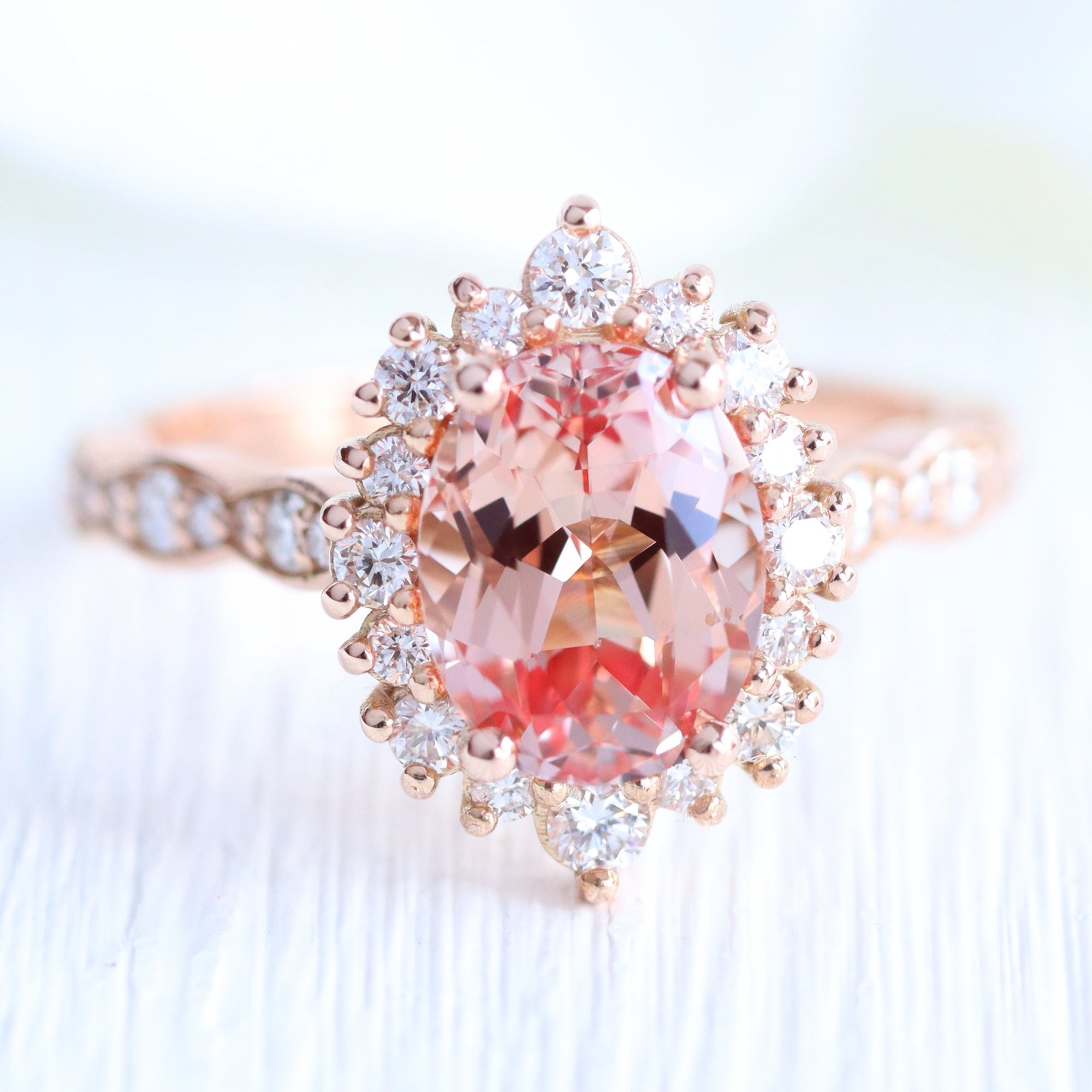 Large oval peach sapphire ring rose gold halo engagement ring la more design jewelry
