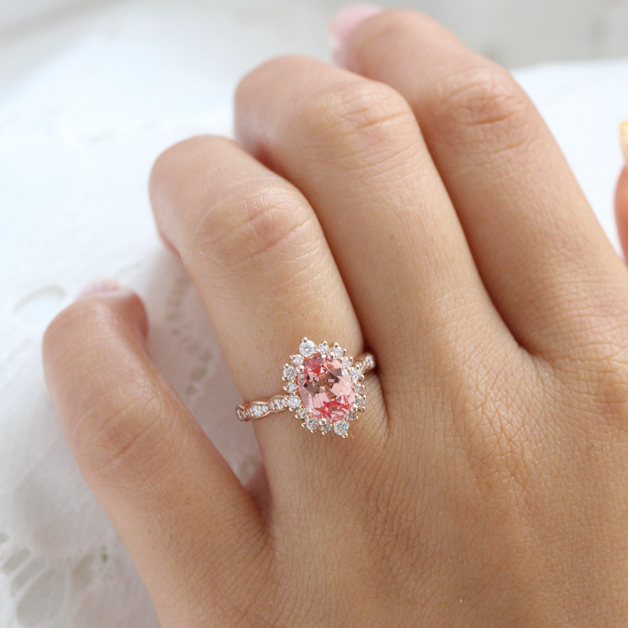 Large oval peach sapphire ring rose gold halo engagement ring la more design jewelry