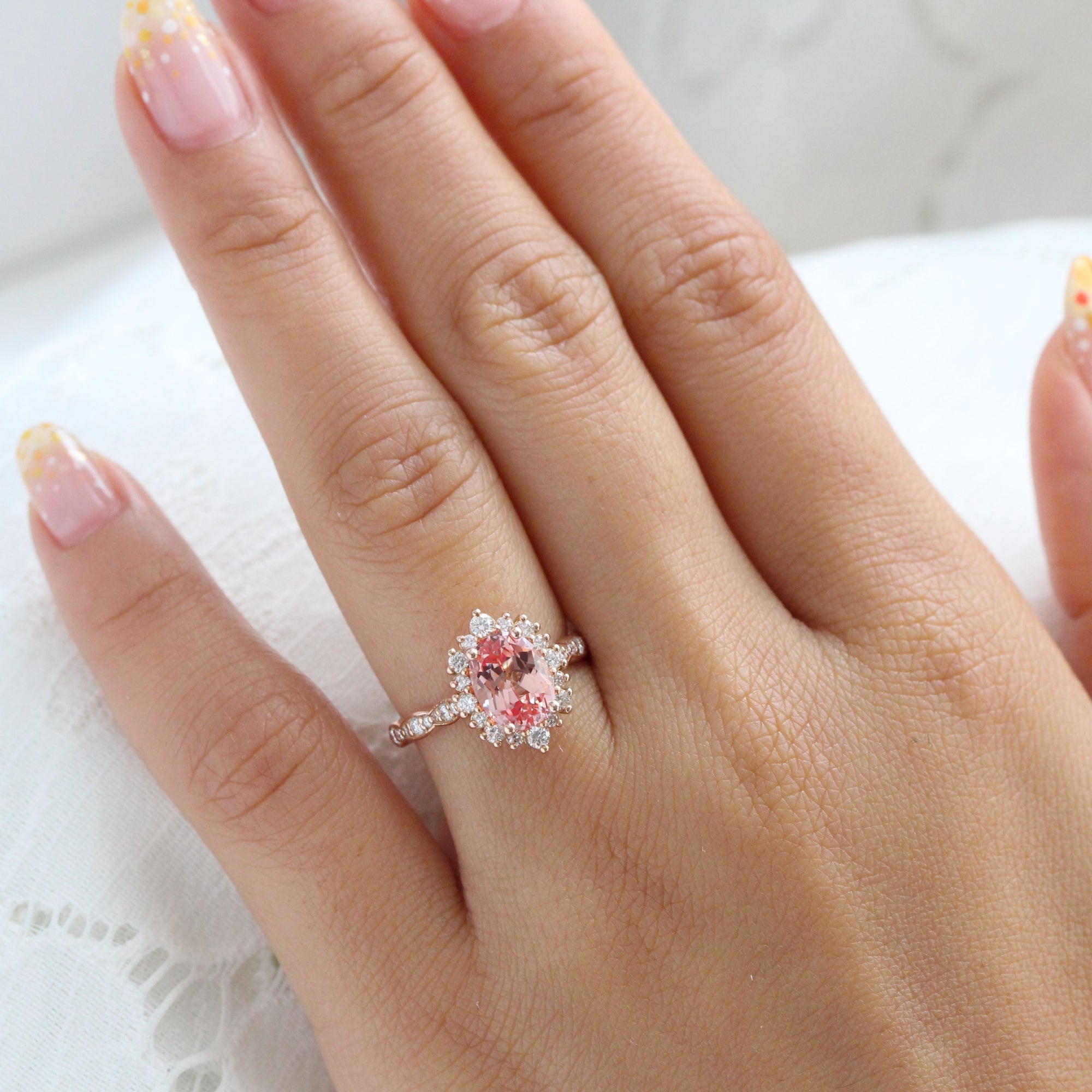 Large oval peach sapphire ring rose gold halo engagement ring la more design jewelry