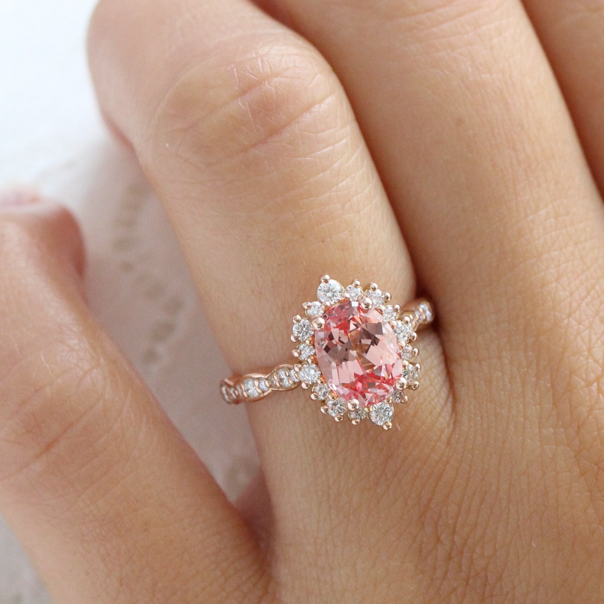 Large oval peach sapphire ring rose gold halo engagement ring la more design jewelry