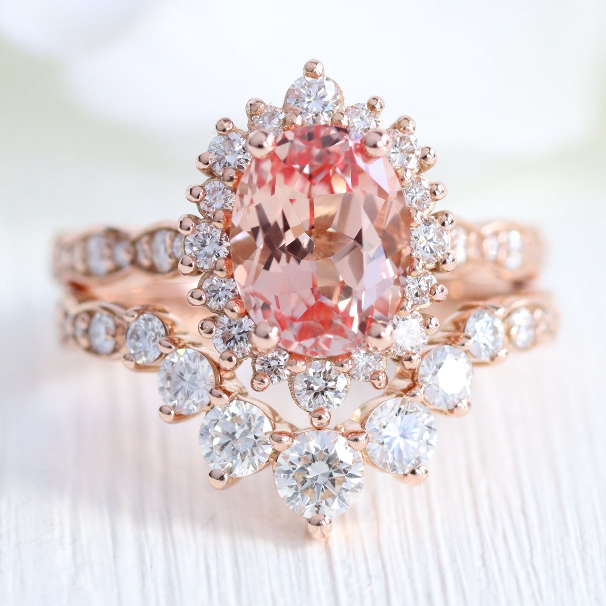 Large oval peach sapphire ring stack rose gold curved diamond wedding band la more design jewelry