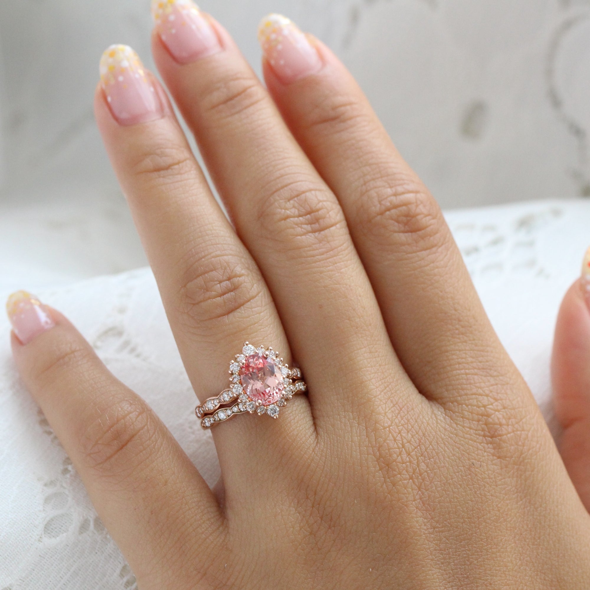 Large oval peach sapphire ring stack rose gold matching diamond wedding band la more design jewelry